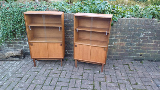 Pair Glazed Glass Vintage Retro 60s Teak and Veneer Glazed Bookcase China Display Cupboards with Lower Storage Cupboard FREE HAND Delivery
