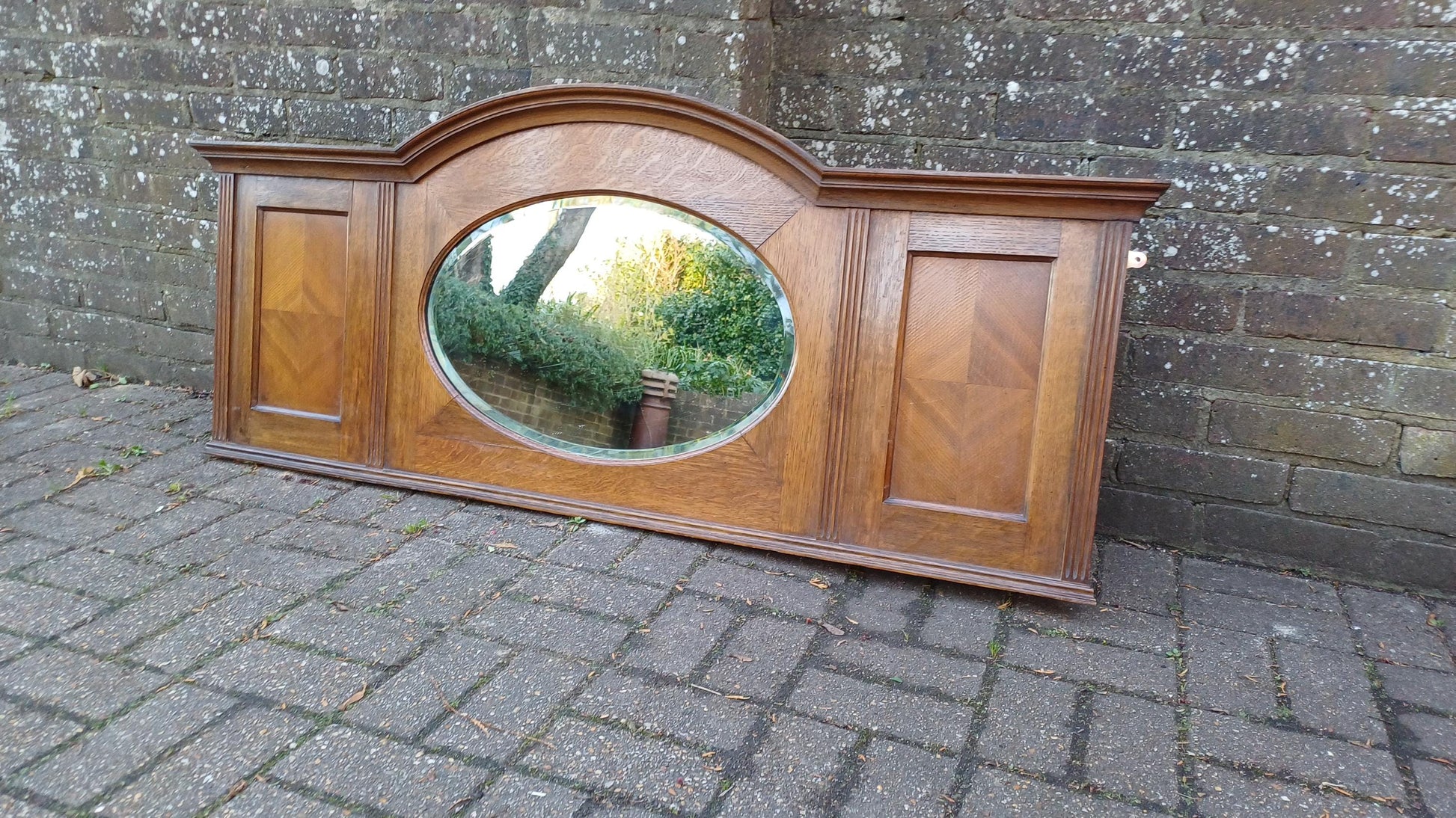 Beautiful Wide 1920s Oak Over Mantel or Wall Mirror Oval Glass