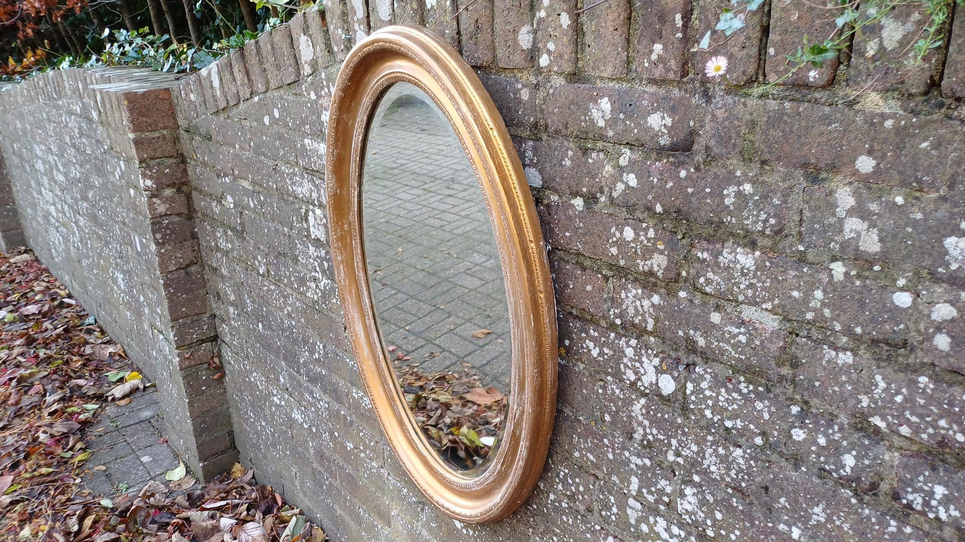 Very Large Gold with White Highlights Vintage Oval Wall Mirror with Bevelled Glass