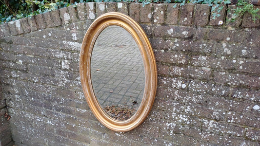 Very Large Gold with White Highlights Vintage Oval Wall Mirror with Bevelled Glass