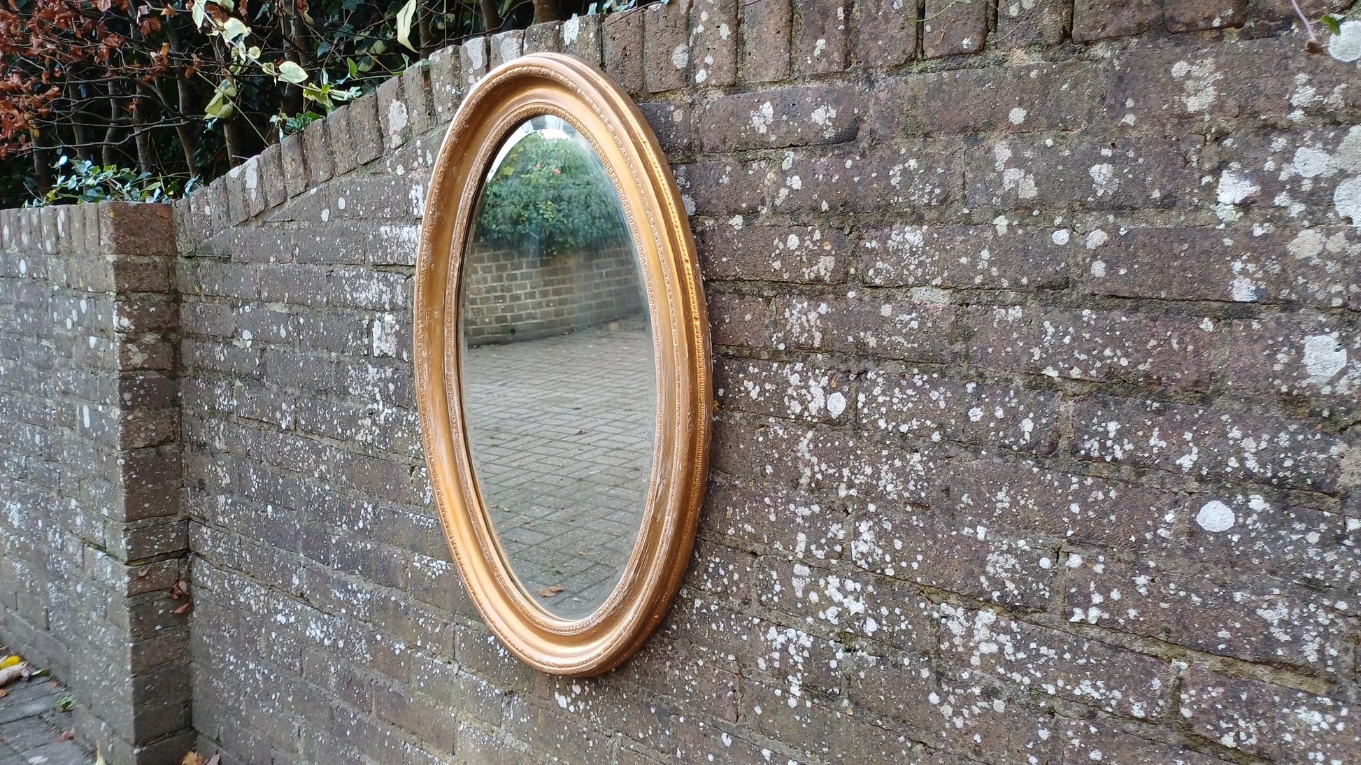Very Large Gold with White Highlights Vintage Oval Wall Mirror with Bevelled Glass