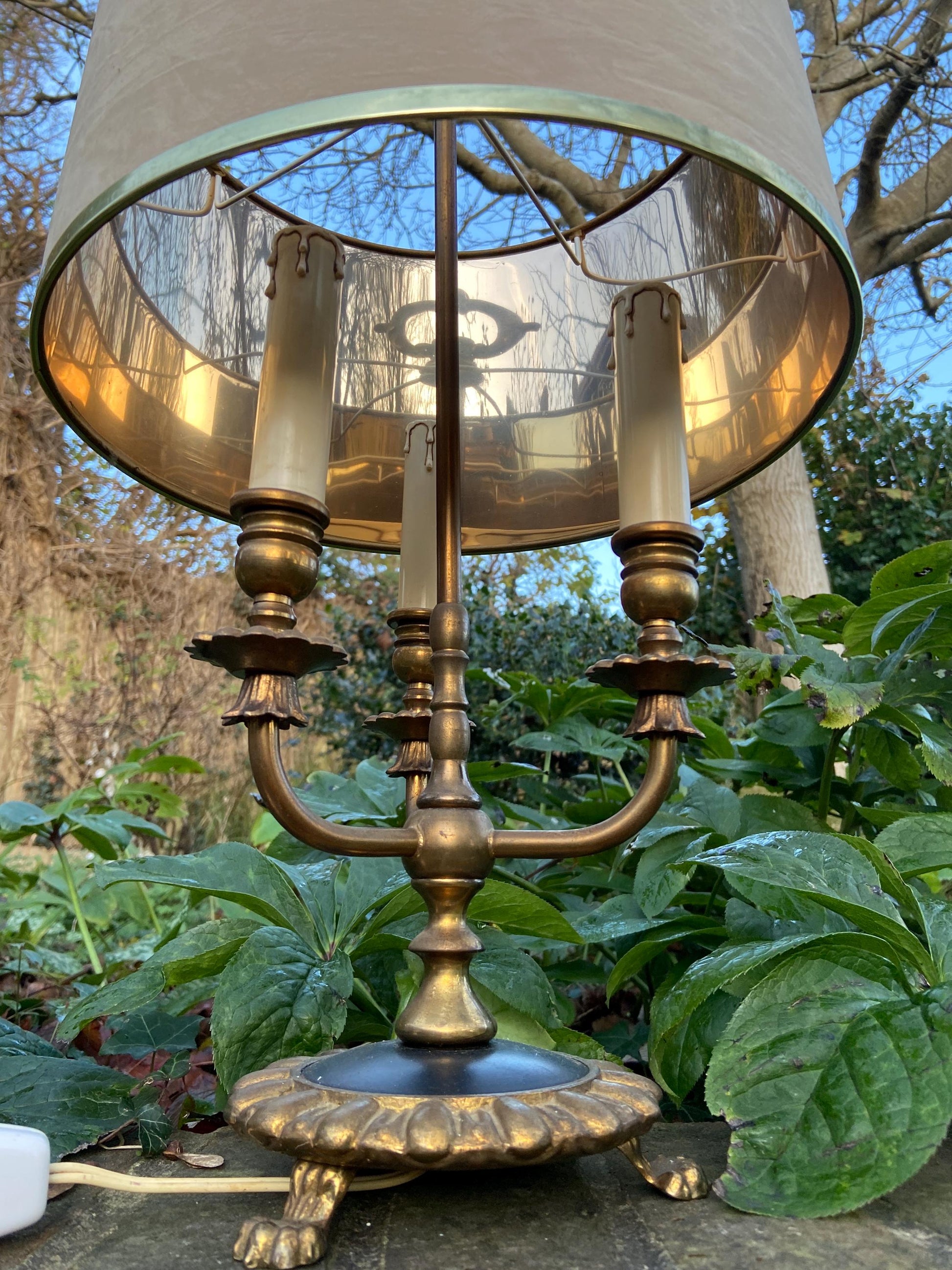 Antique French Bouilotte 3 armed brass office table lamp, heavy quality, newer vintage shade, ebony black detailed base with lion paw feet
