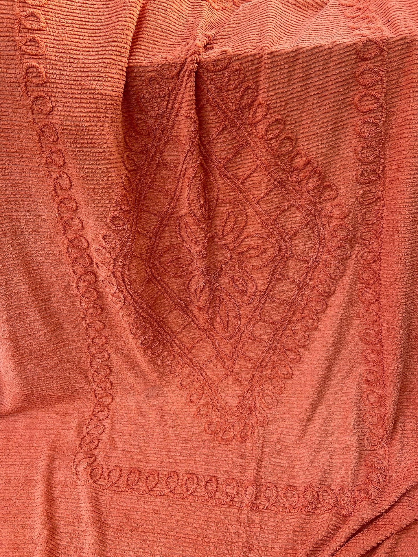 Retro original : orange large single, small double 1970s cotton bedspread bed cover, bed throw (256cm x 168cm)