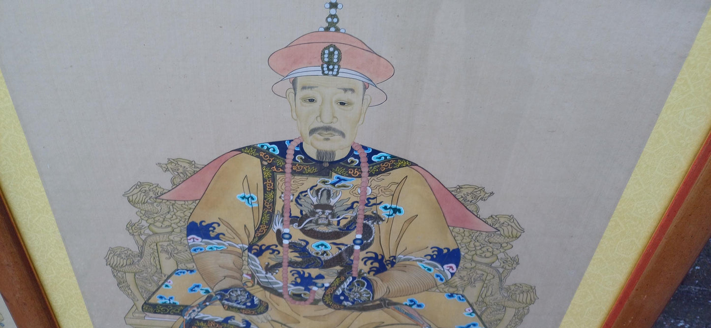 Massive Majestic Vintage Hand Painted on Silk Paintings Chinese Emperor and Empress 126 x 67 cm FREE HAND DELIVERY Qianlong and Quin Dynasty