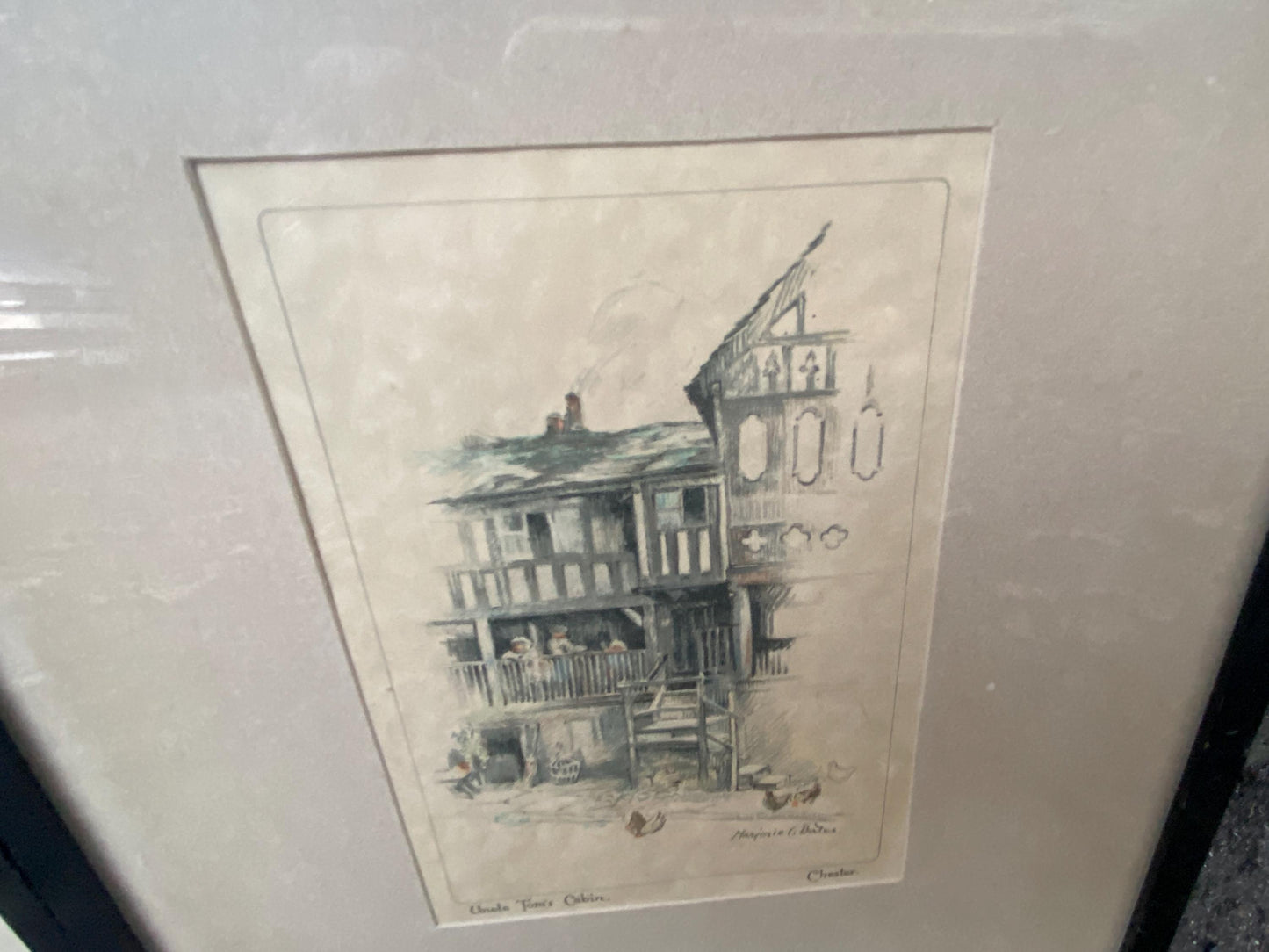 Chester : Early 1900s hand painted lithographs/prints by Marjorie Bates - Eastgate Street and Uncle Tom's Cabin, Chester - vintage frames