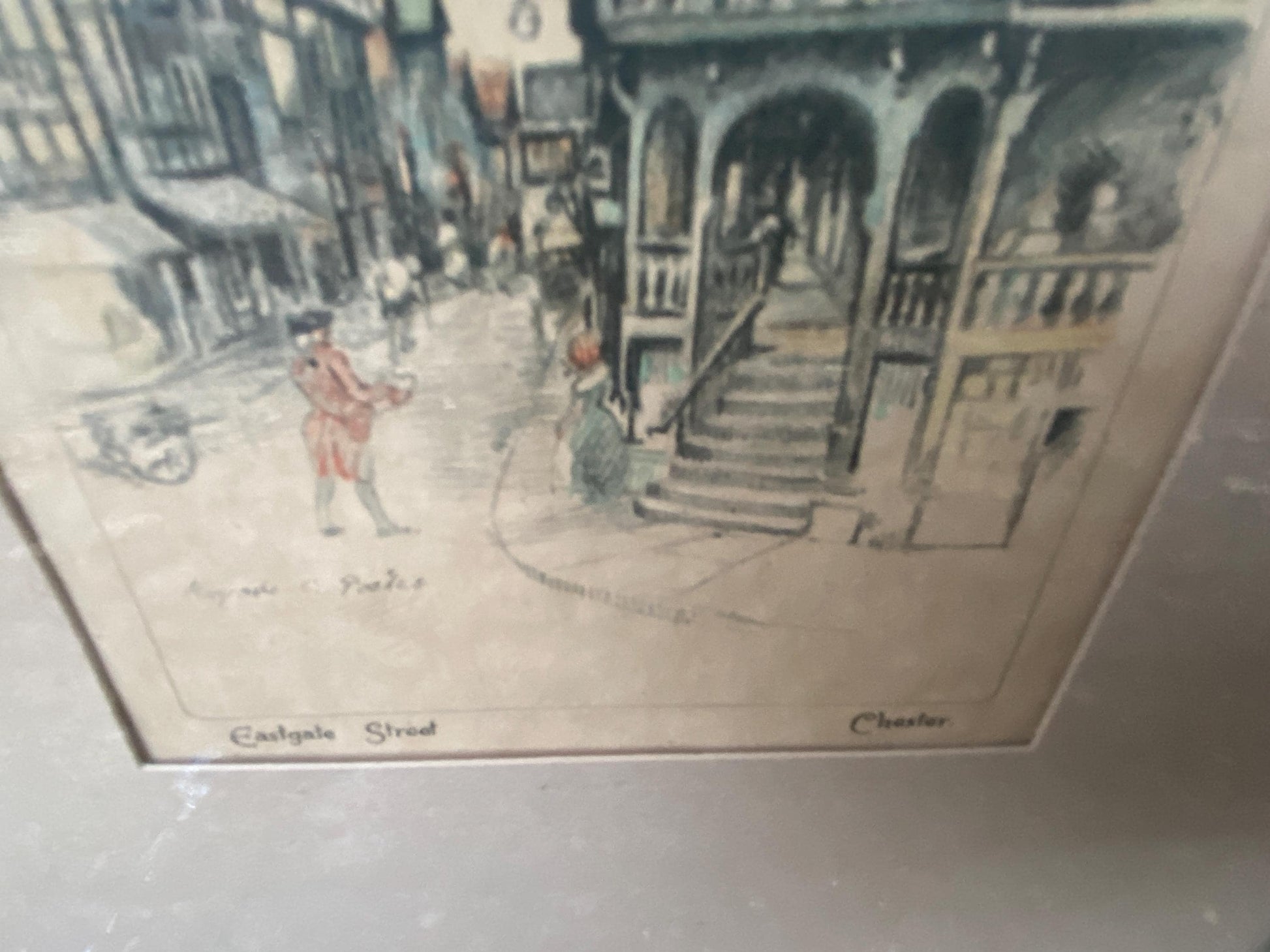 Chester : Early 1900s hand painted lithographs/prints by Marjorie Bates - Eastgate Street and Uncle Tom's Cabin, Chester - vintage frames