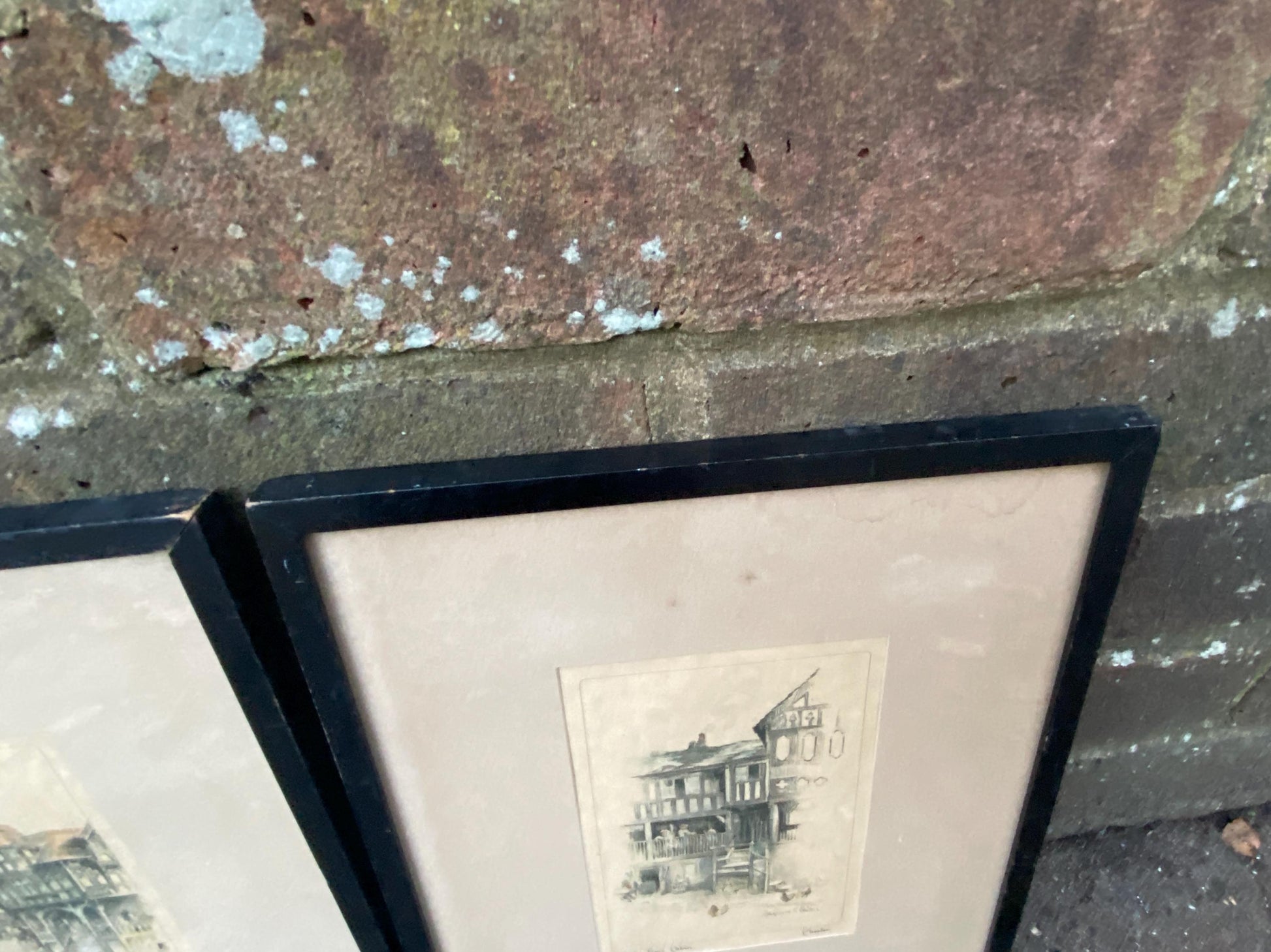 Chester : Early 1900s hand painted lithographs/prints by Marjorie Bates - Eastgate Street and Uncle Tom's Cabin, Chester - vintage frames