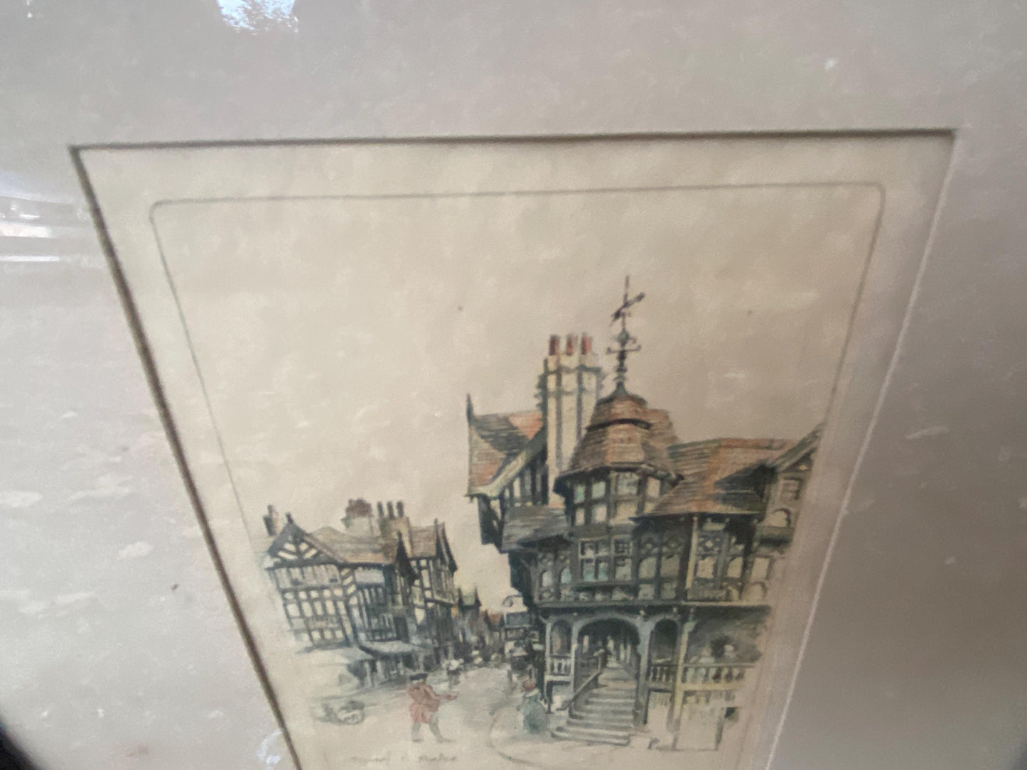 Chester : Early 1900s hand painted lithographs/prints by Marjorie Bates - Eastgate Street and Uncle Tom's Cabin, Chester - vintage frames