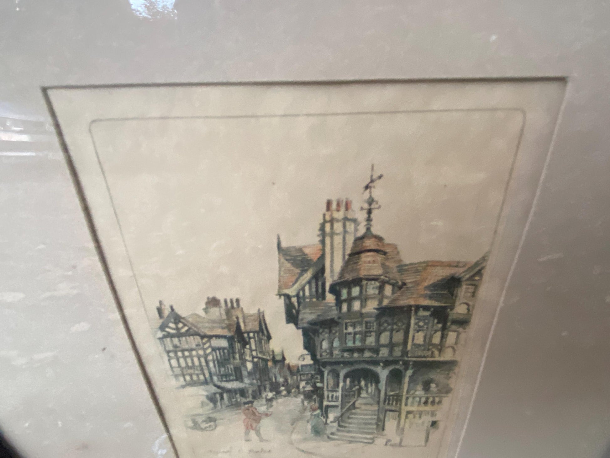 Chester : Early 1900s hand painted lithographs/prints by Marjorie Bates - Eastgate Street and Uncle Tom's Cabin, Chester - vintage frames