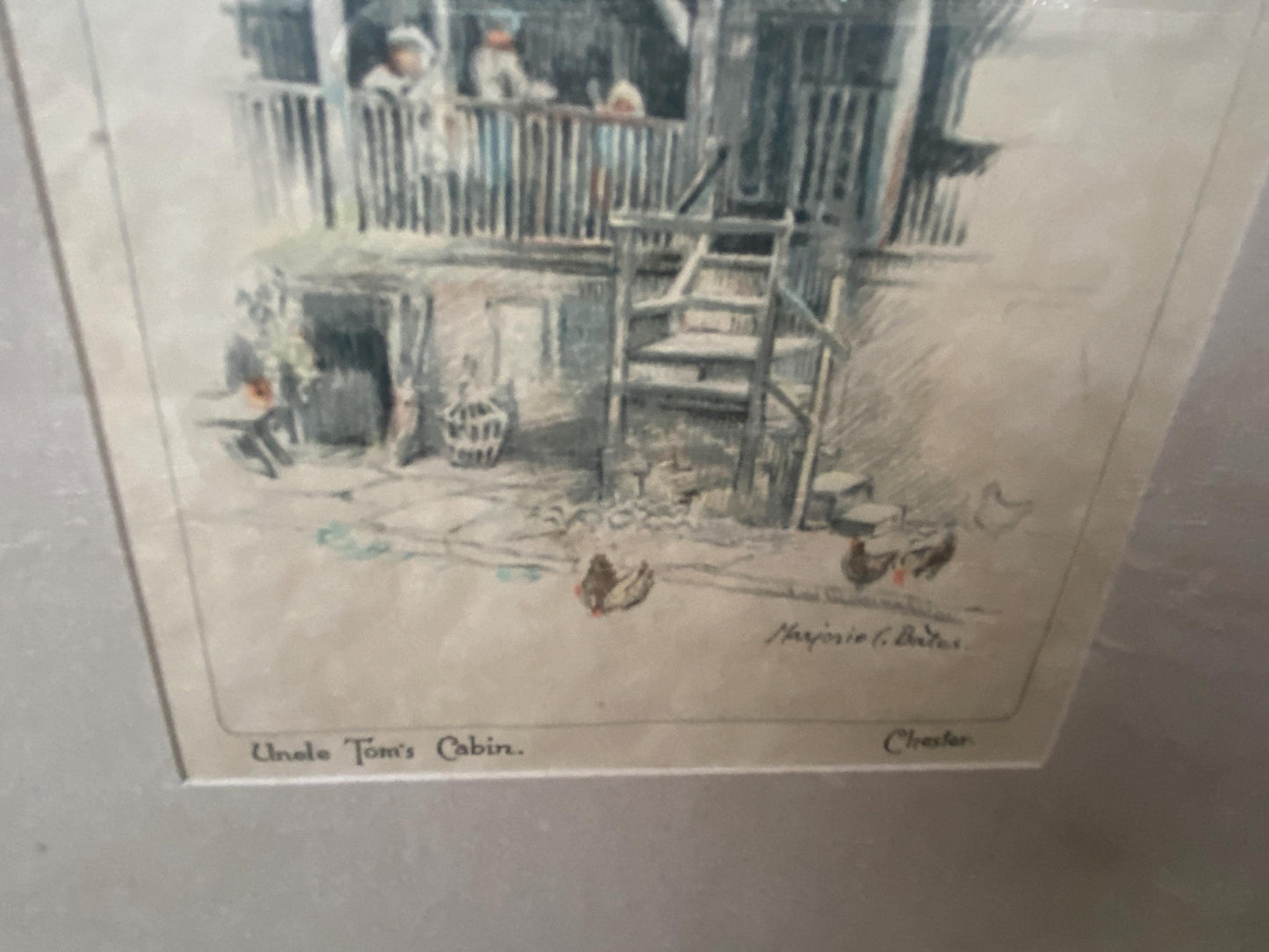 Chester : Early 1900s hand painted lithographs/prints by Marjorie Bates - Eastgate Street and Uncle Tom's Cabin, Chester - vintage frames