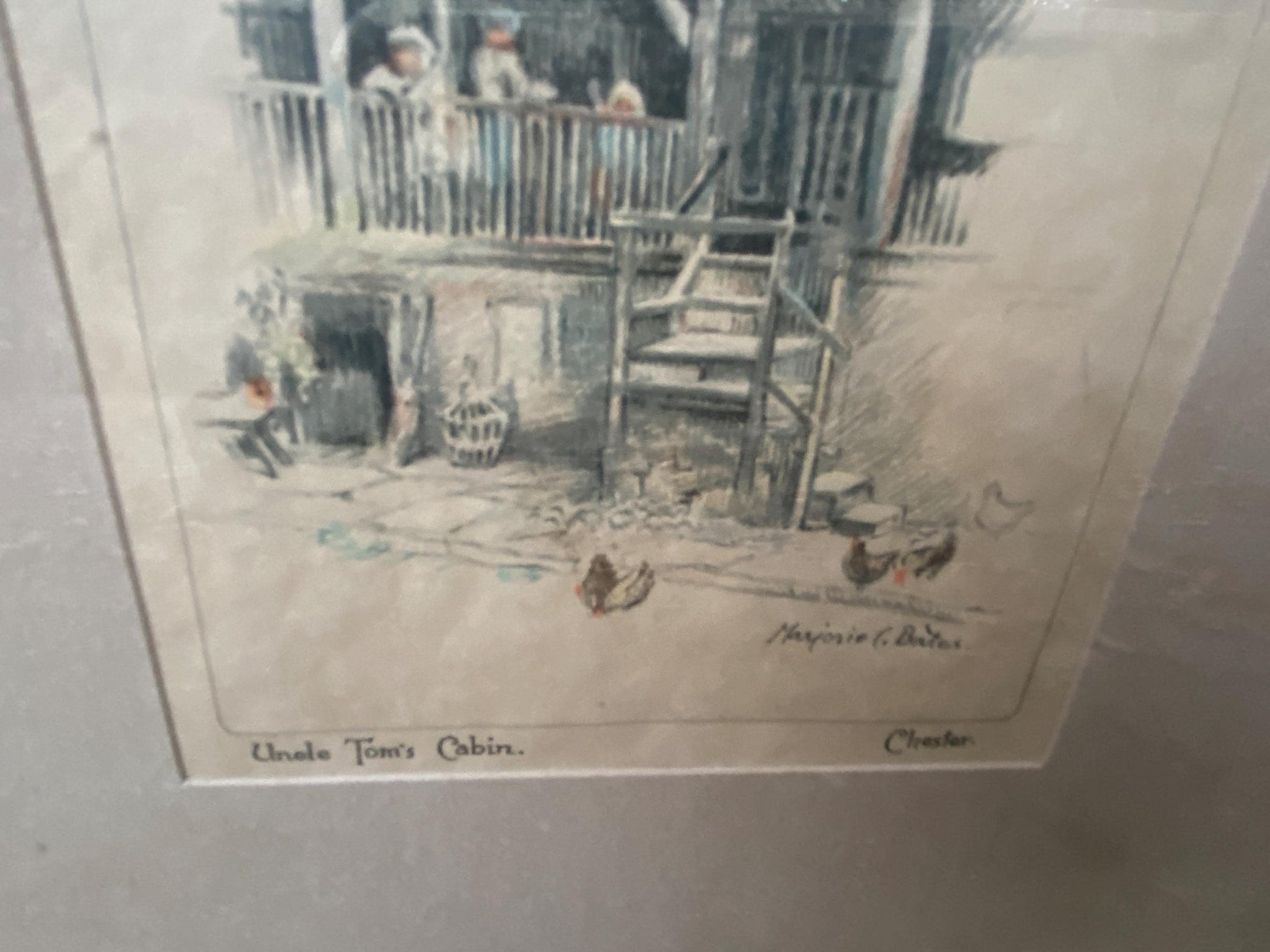 Chester : Early 1900s hand painted lithographs/prints by Marjorie Bates - Eastgate Street and Uncle Tom's Cabin, Chester - vintage frames