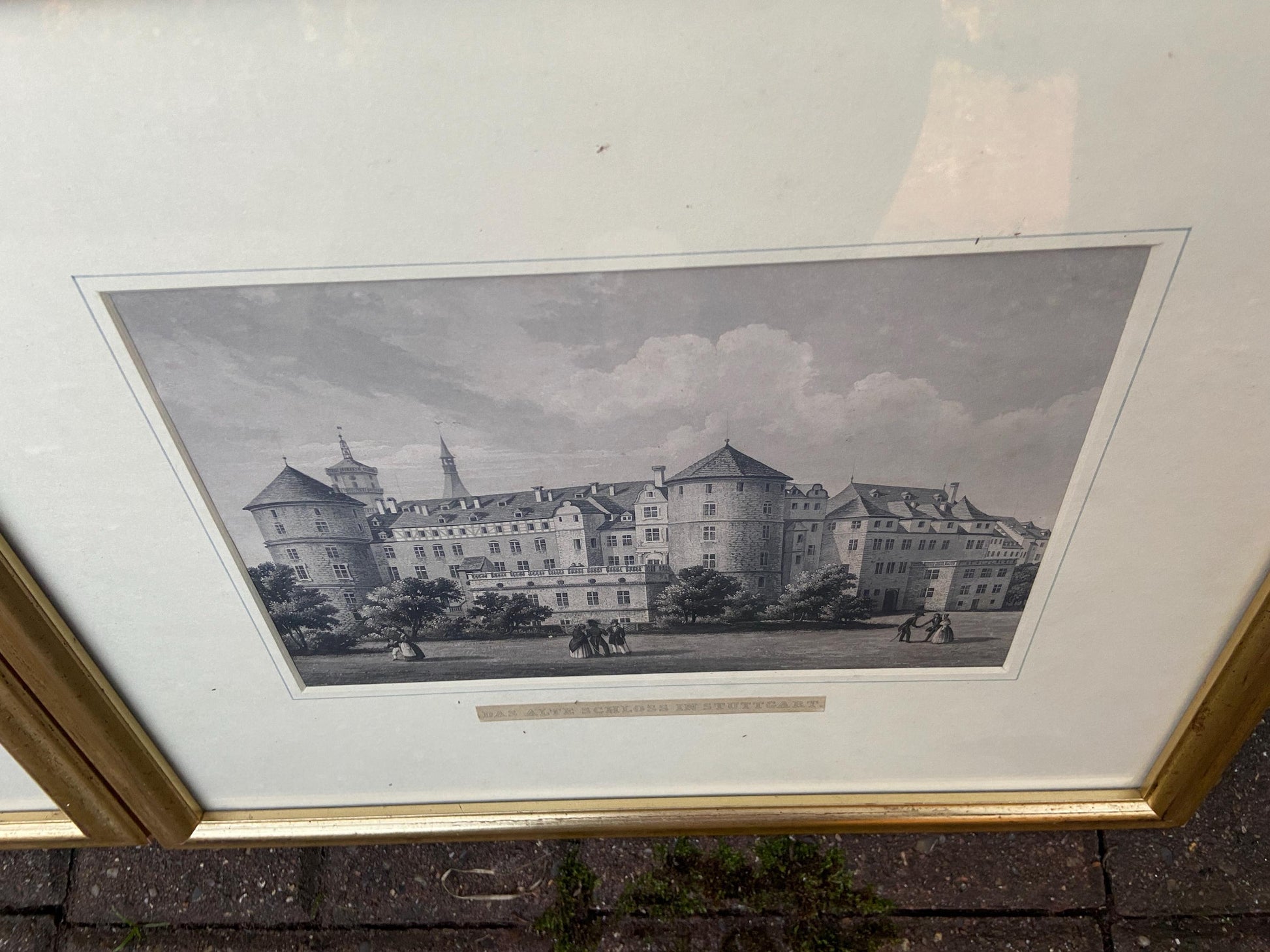 Vintage prints of German Castles (Stuttgart) in vintage mounts and frames - Das Neue Schloss and Das Alte Schloss