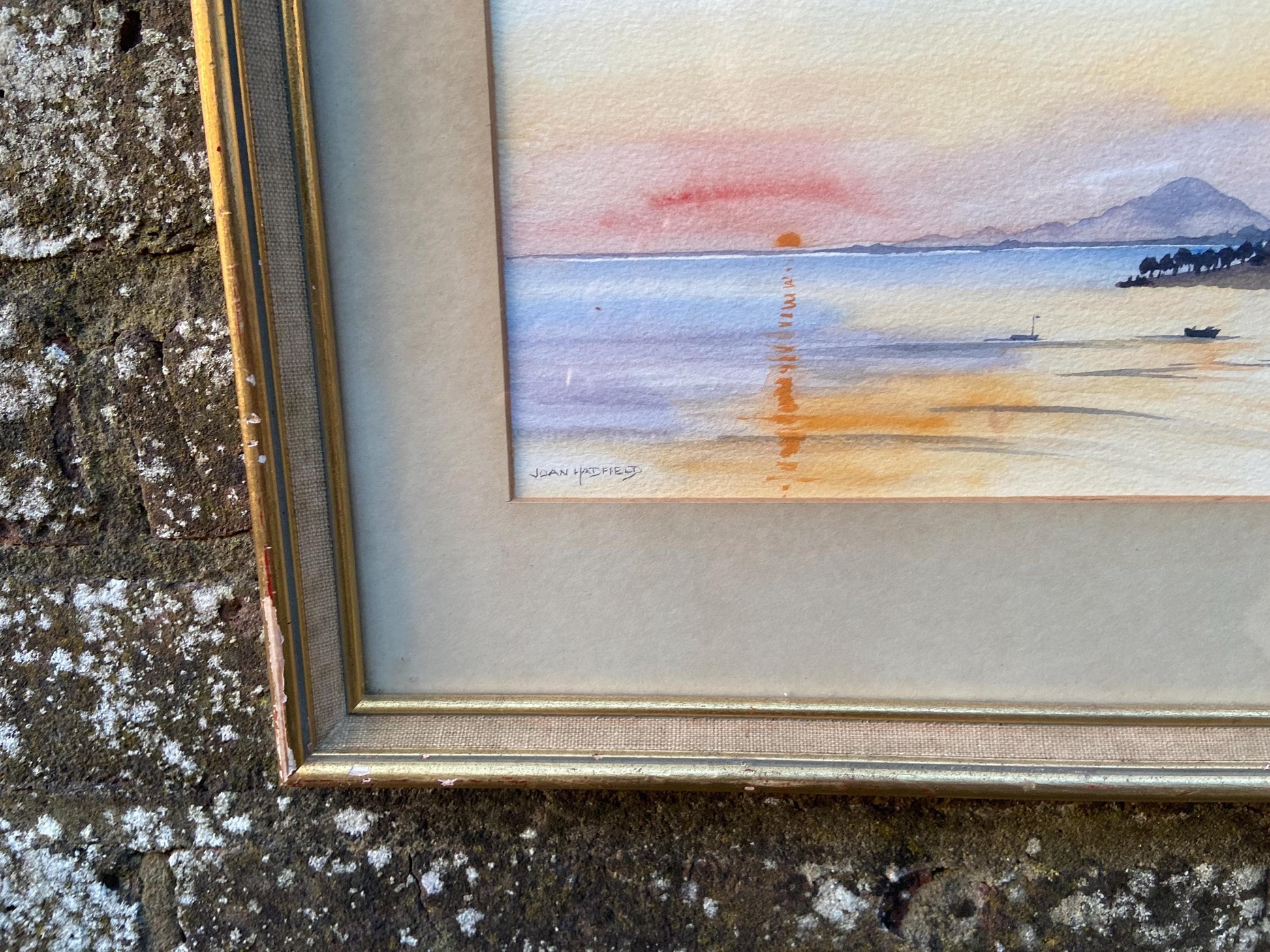Original Joan Hadfield water colour of Sunrise at Cos 1958, mid century framed original painting