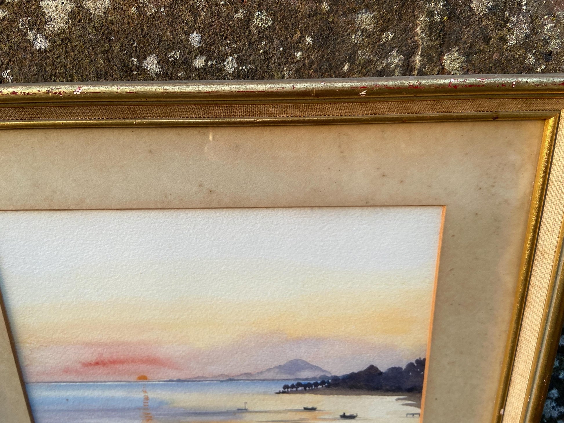Original Joan Hadfield water colour of Sunrise at Cos 1958, mid century framed original painting