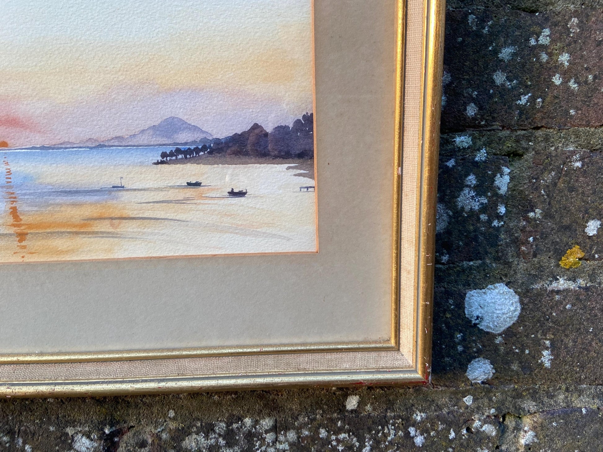 Original Joan Hadfield water colour of Sunrise at Cos 1958, mid century framed original painting