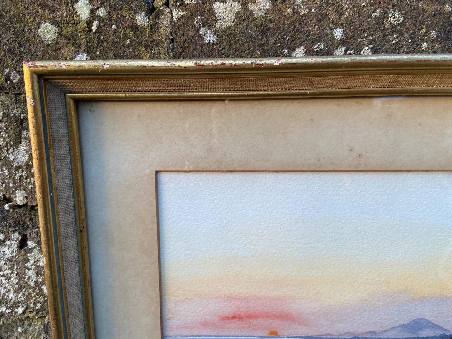Original Joan Hadfield water colour of Sunrise at Cos 1958, mid century framed original painting