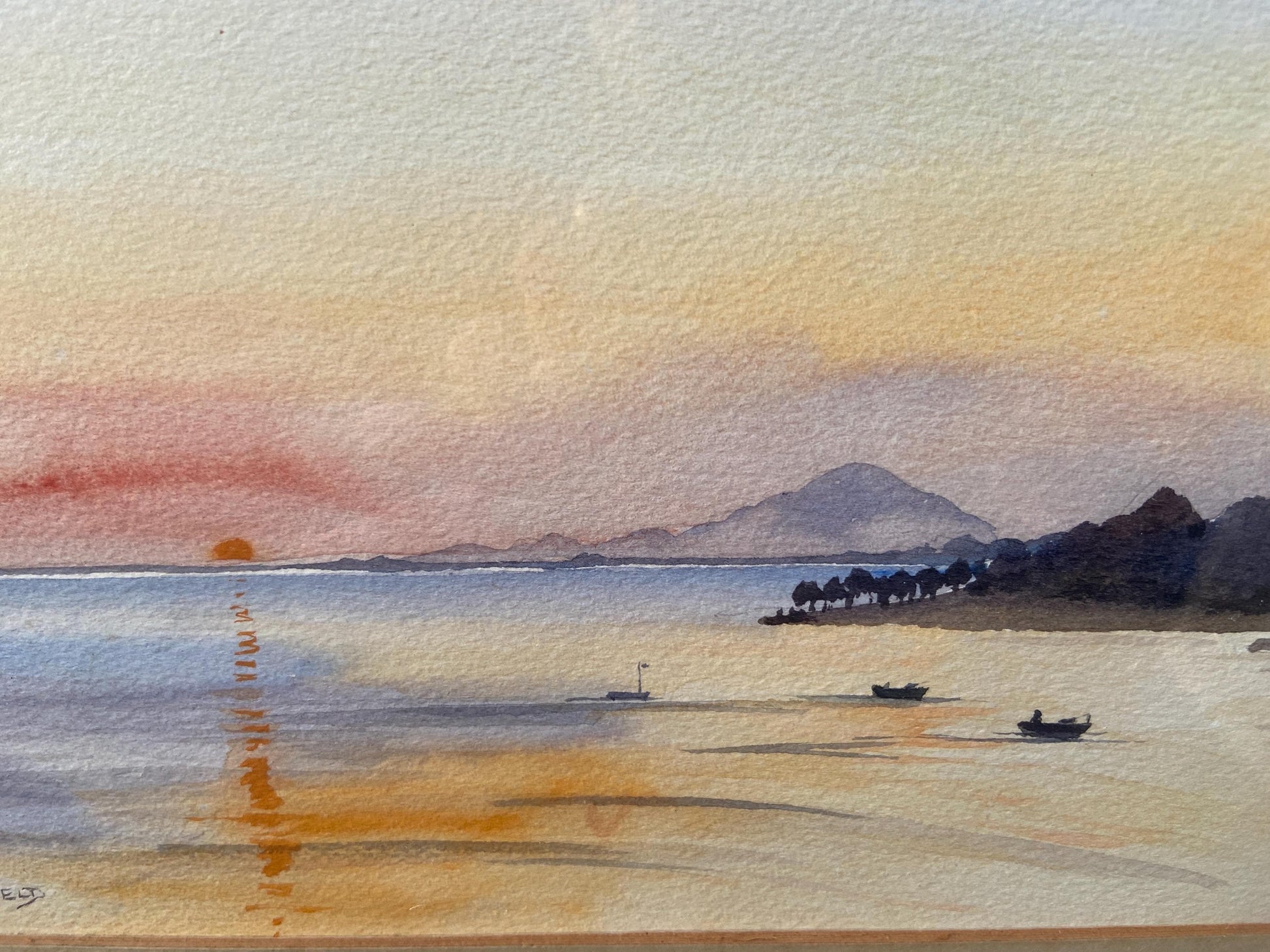 Original Joan Hadfield water colour of Sunrise at Cos 1958, mid century framed original painting