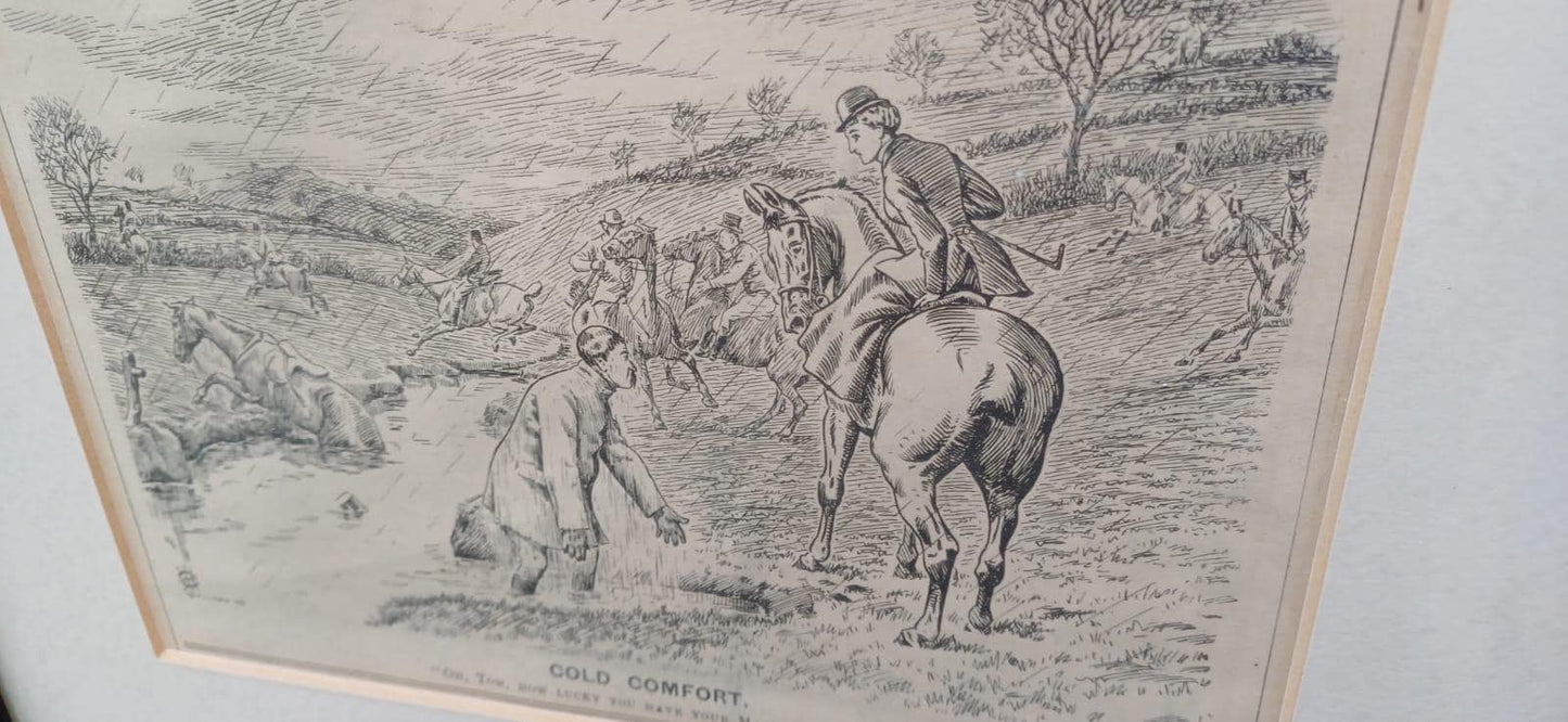 Wonderful Framed Antique Punch Fox Hunting Cartoon Fox Hunting ‘Cold Comfort’ Man Falling Off His Horse.c1898
