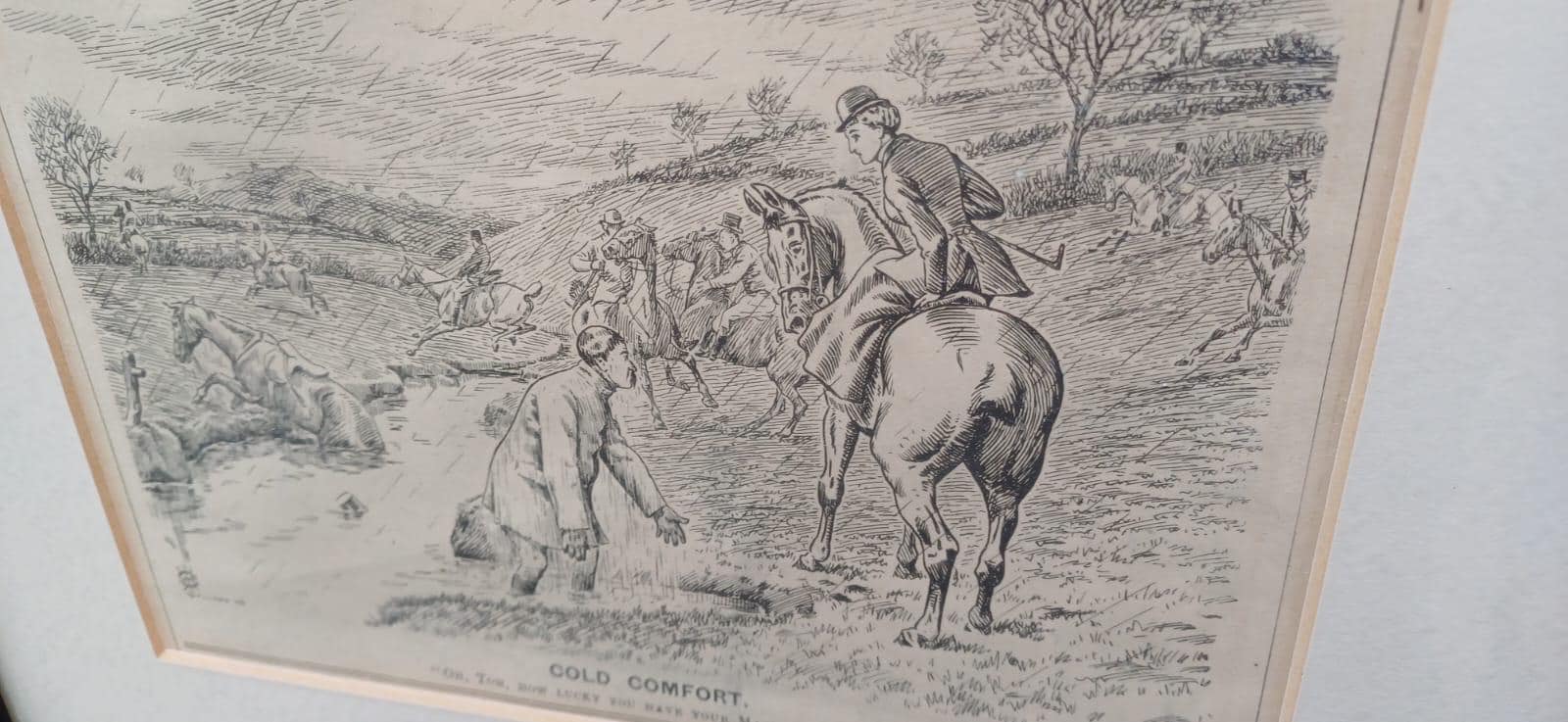 Wonderful Framed Antique Punch Fox Hunting Cartoon Fox Hunting ‘Cold Comfort’ Man Falling Off His Horse.c1898