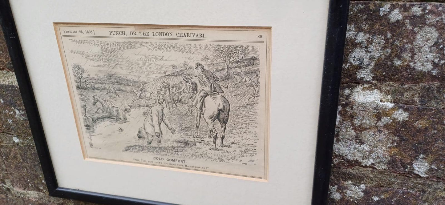Wonderful Framed Antique Punch Fox Hunting Cartoon Fox Hunting ‘Cold Comfort’ Man Falling Off His Horse.c1898