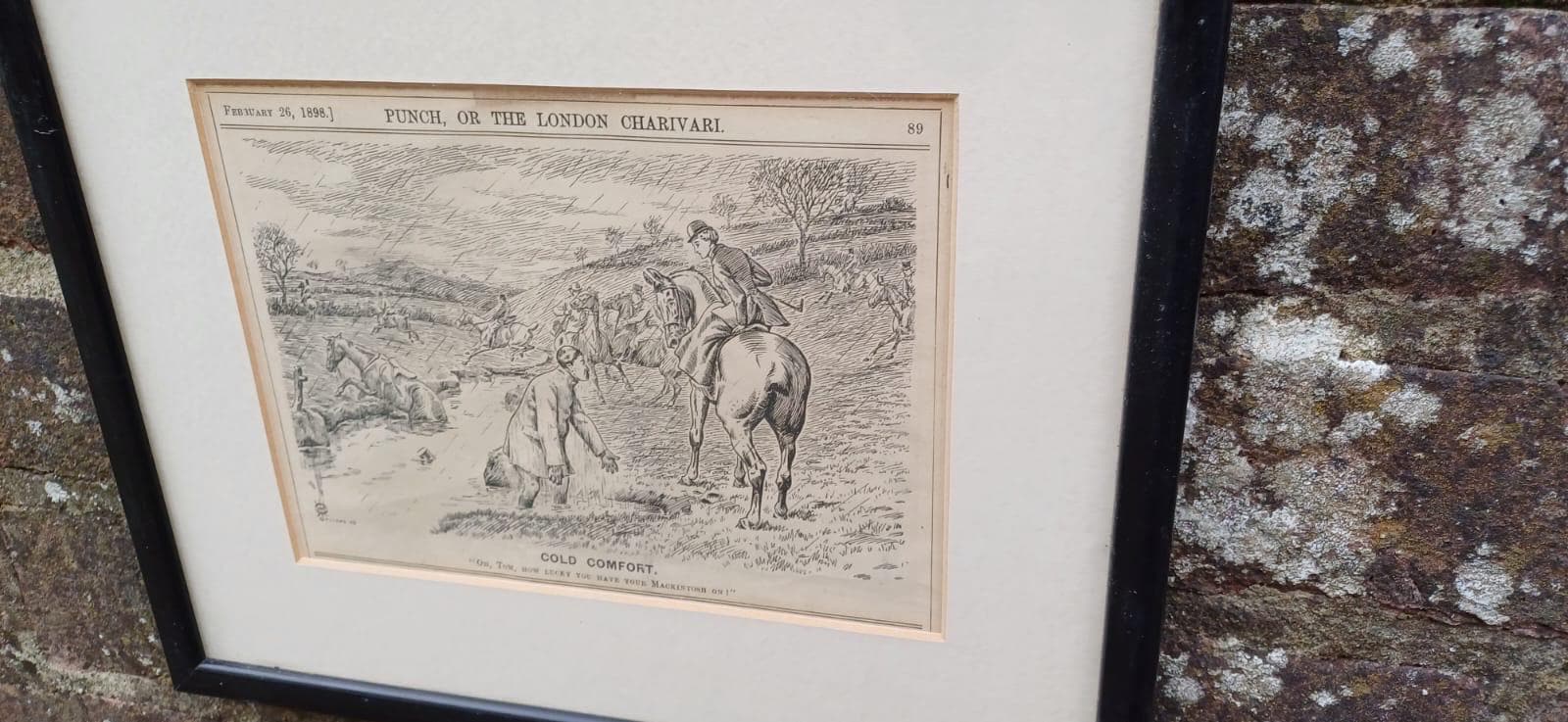 Wonderful Framed Antique Punch Fox Hunting Cartoon Fox Hunting ‘Cold Comfort’ Man Falling Off His Horse.c1898