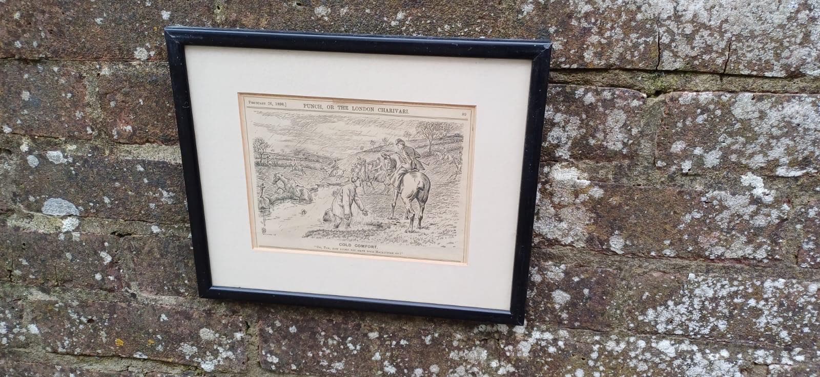 Wonderful Framed Antique Punch Fox Hunting Cartoon Fox Hunting ‘Cold Comfort’ Man Falling Off His Horse.c1898