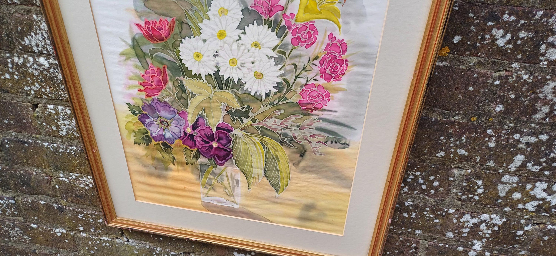 Stunning silk painting - framed still life on silk - vintage art - 76cm x 50cm