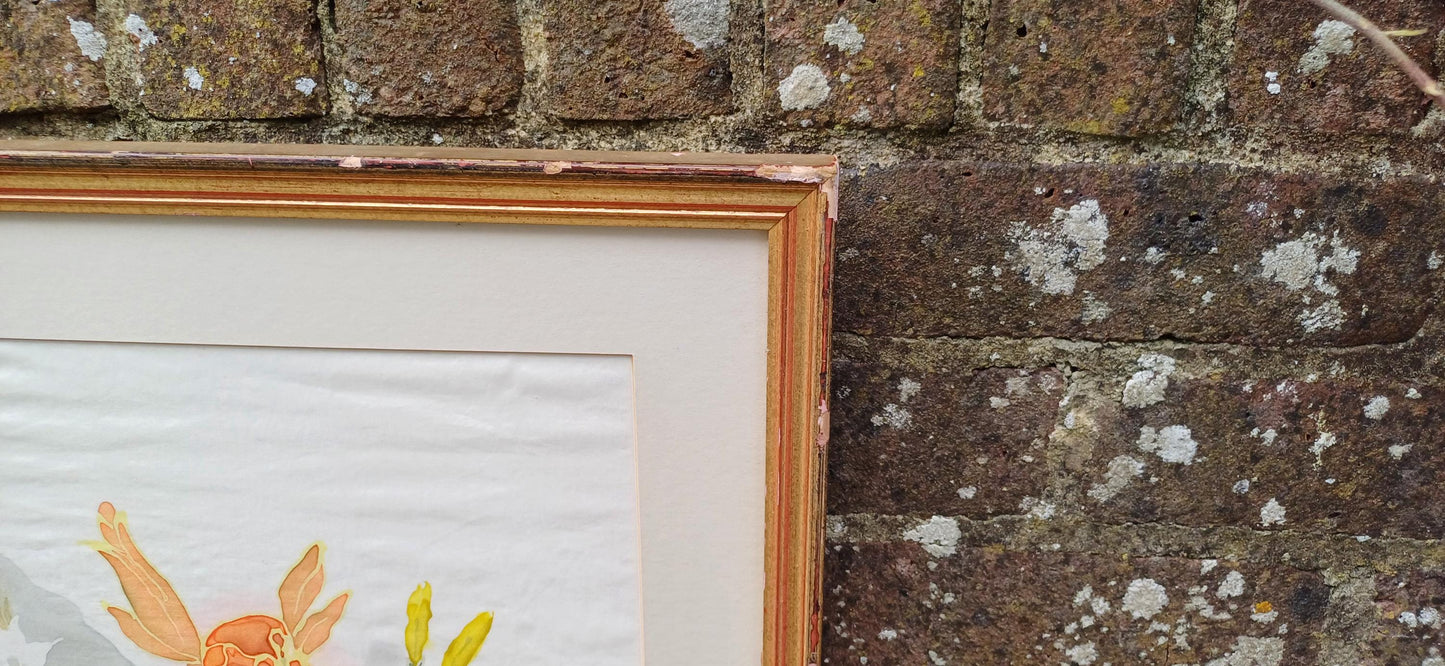 Stunning silk painting - framed still life on silk - vintage art - 76cm x 50cm