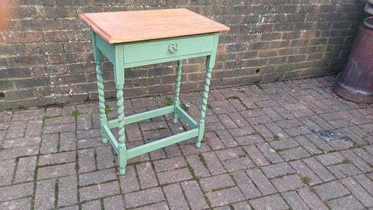 Beautiful and Very Useful Solid Oak Painted Side Table with Drawer in Green Stripped and Oiled Top