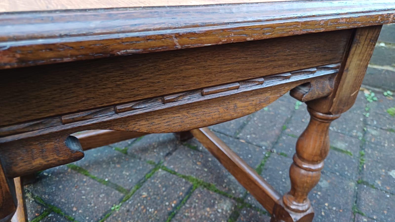 Early 1900s small oak vintage coffee table - delightful, useful, attractive, refurbed top (approx 45cm sq)