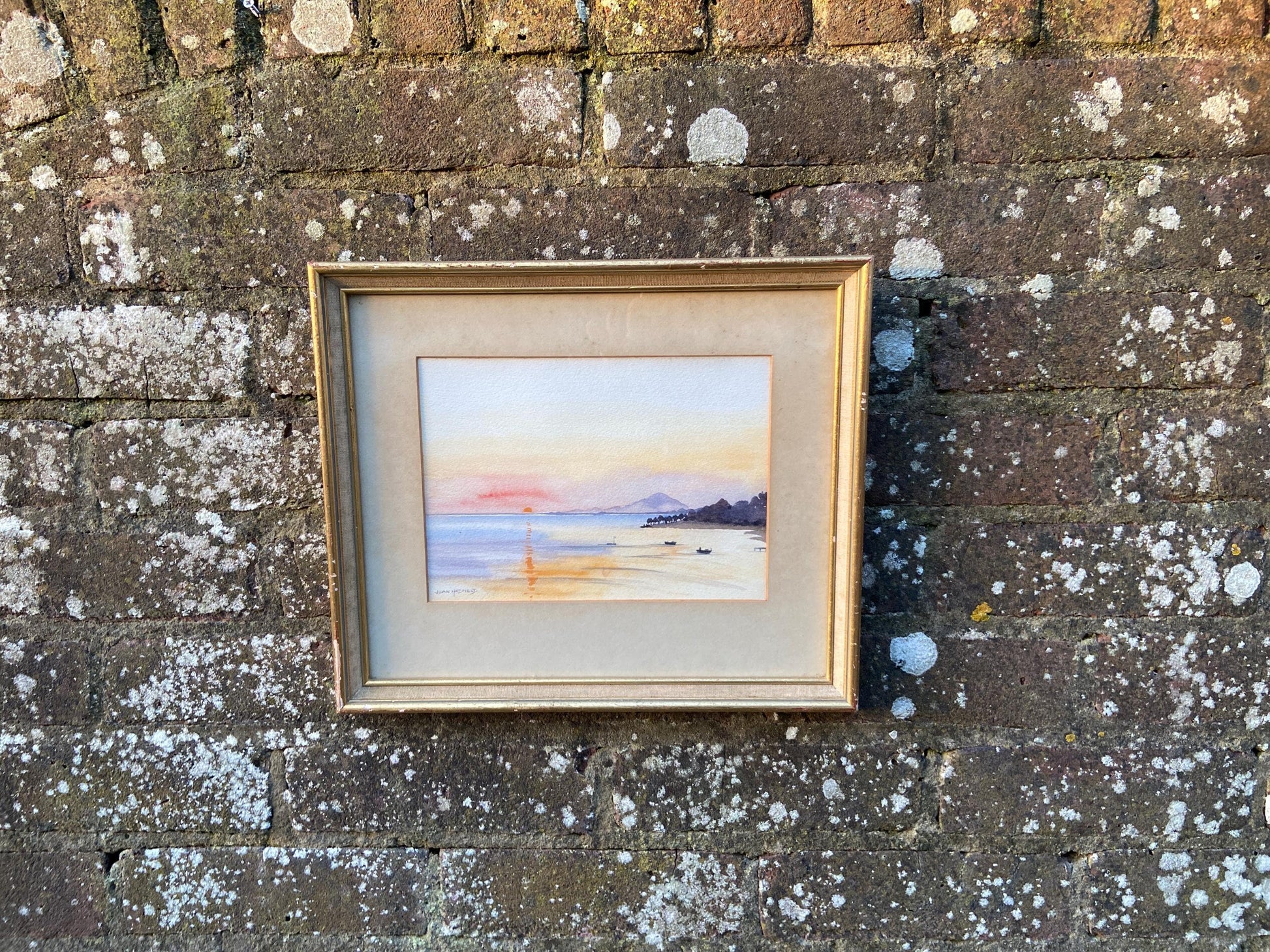 sunrise at Cos, Greece, watercolour. sunset water colour by Joan Hadfield.  Sussex artist. Retro painting. Retro frame.  framed water colour
