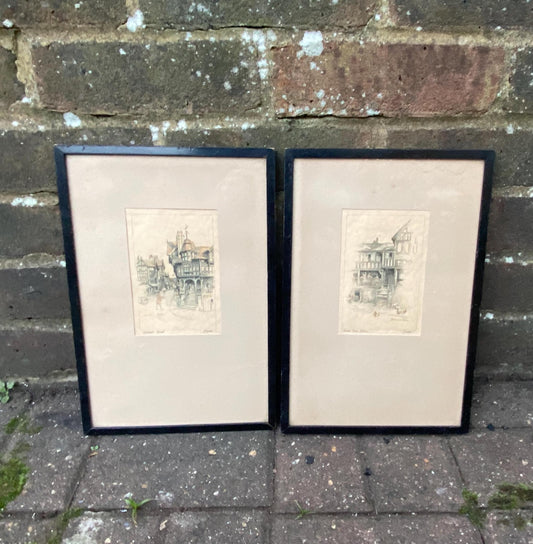 Marjorie Bates hand painted prints of Chester scenes.  Early 1900s. Framed in vintage frames and mounts