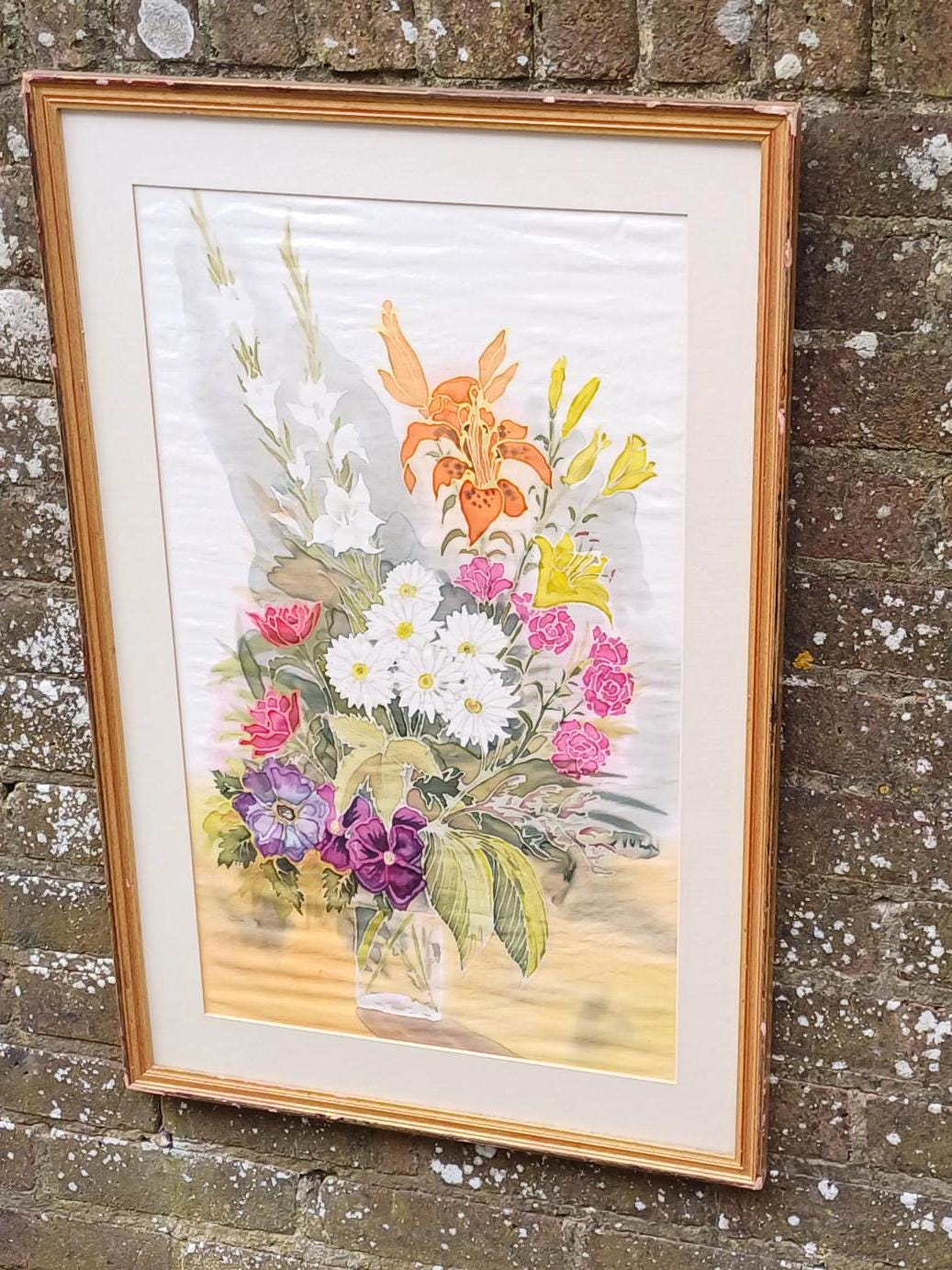 wonderful still life painting of flowers in glass on silk. vintage silk painting in vintage gold frame