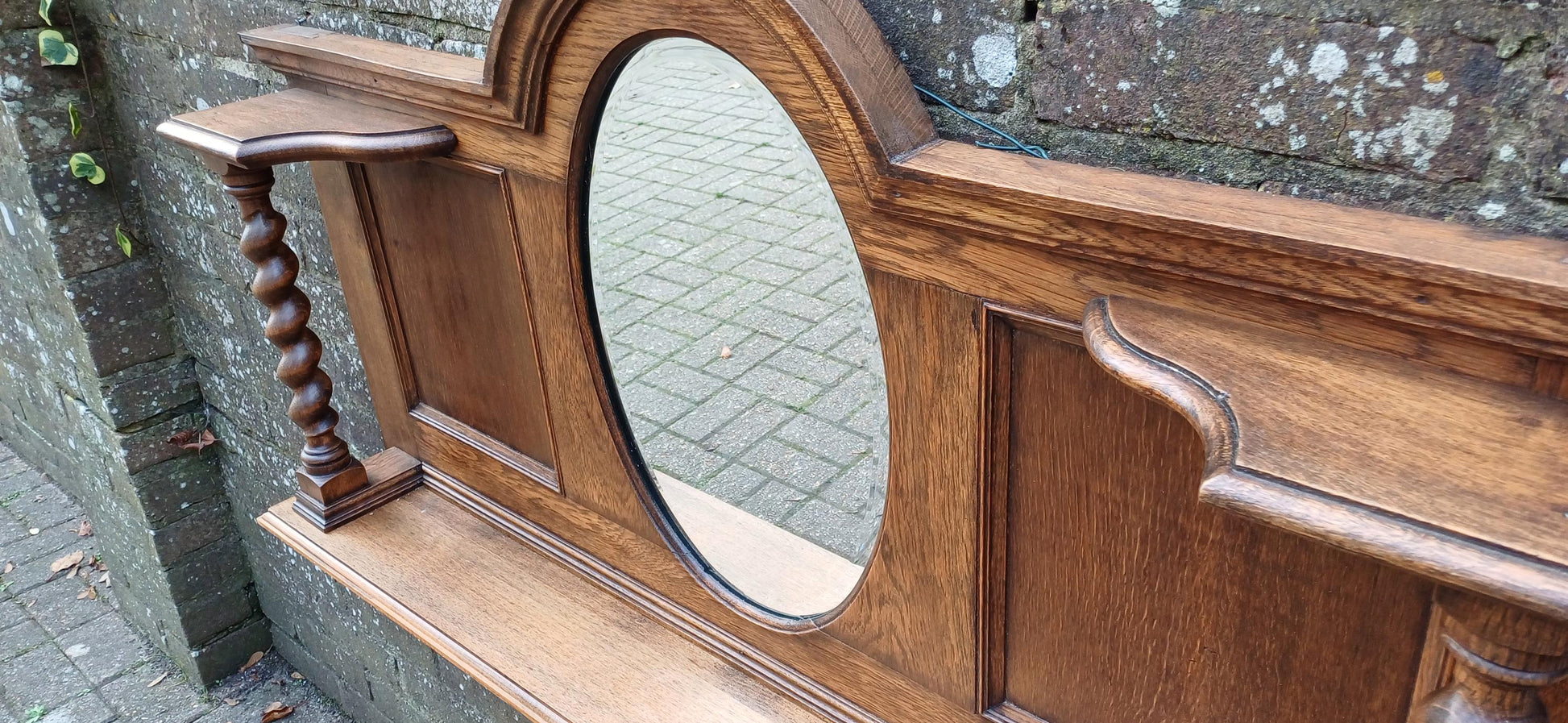 Elegant Upcycled Solid Oak Overmantel Mirror with Barley Twist Shelf & Bevelled Glass FREE HAND Delivery.