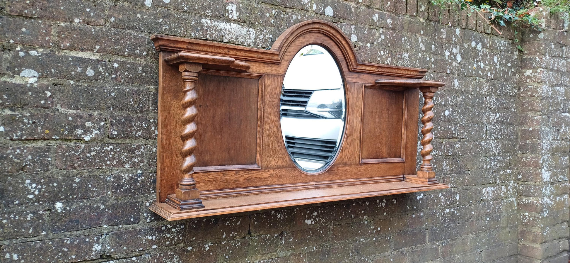 Elegant Upcycled Solid Oak Overmantel Mirror with Barley Twist Shelf & Bevelled Glass FREE HAND Delivery.