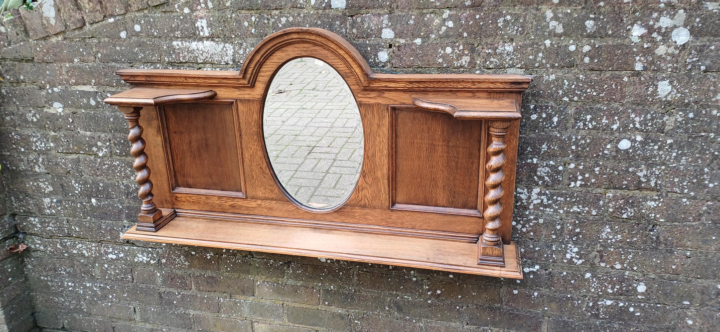 Elegant Upcycled Solid Oak Overmantel Mirror with Barley Twist Shelf & Bevelled Glass FREE HAND Delivery.
