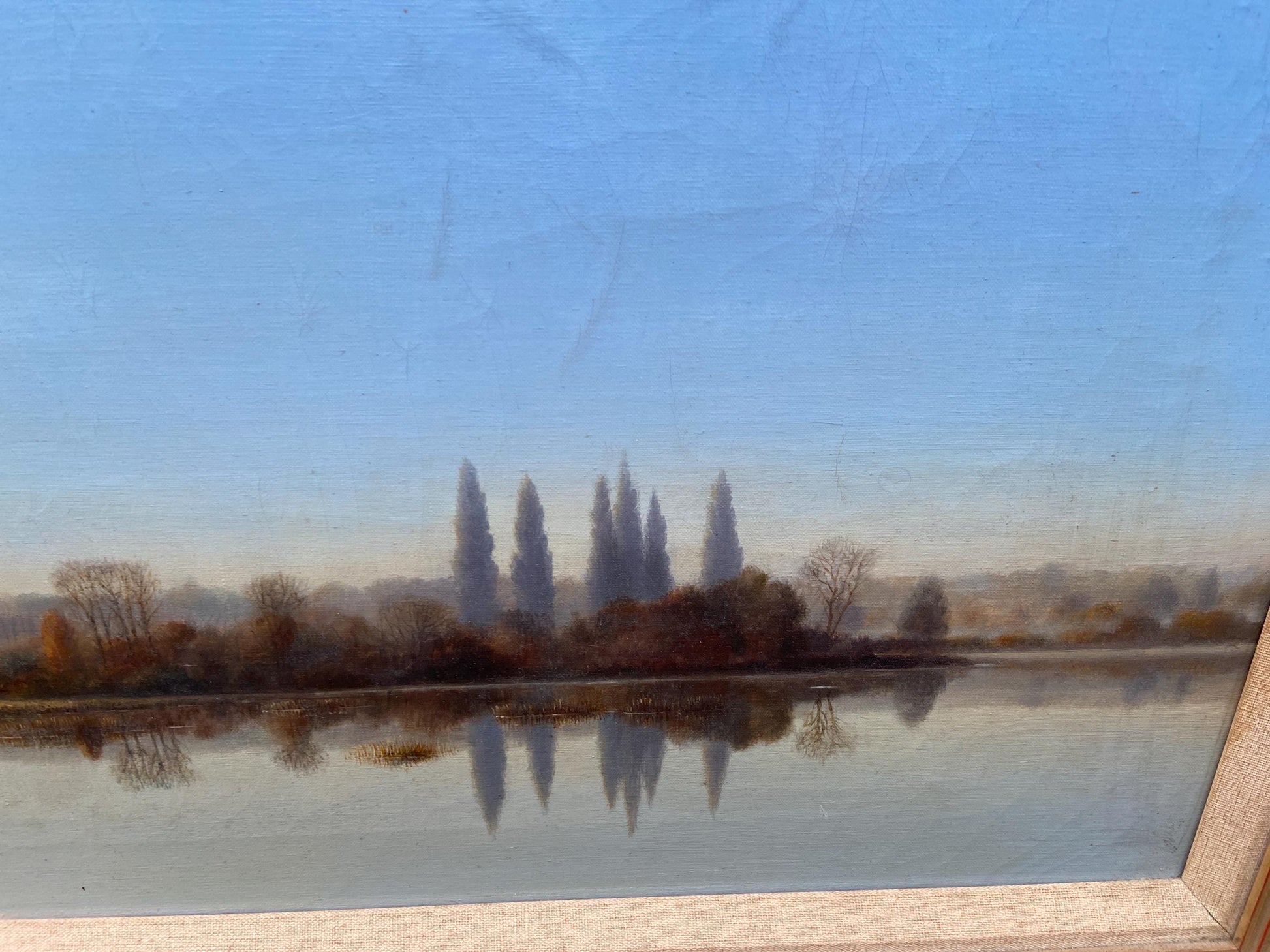 Very large Kenneth Howes Retro oil print on canvas “Early morning on the Loire” (97.5cm x 57.5cm)