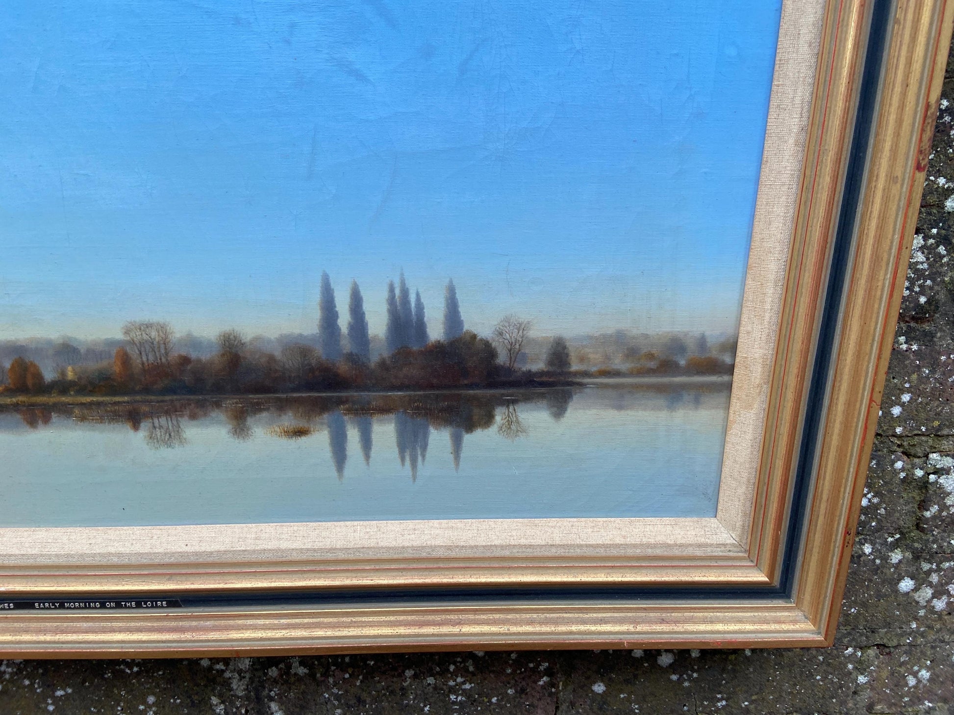 Very large Kenneth Howes Retro oil print on canvas “Early morning on the Loire” (97.5cm x 57.5cm)