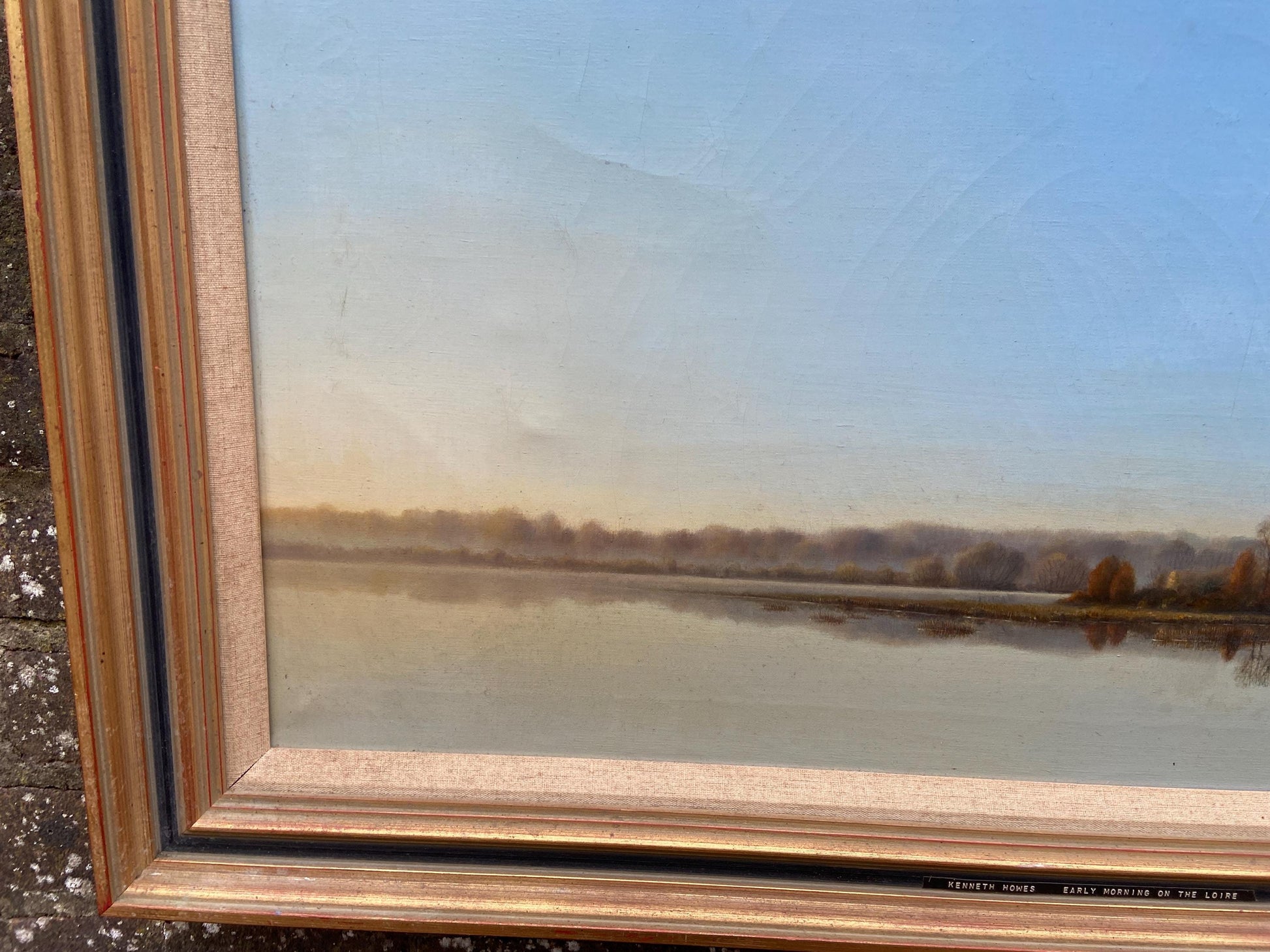 Very large Kenneth Howes Retro oil print on canvas “Early morning on the Loire” (97.5cm x 57.5cm)