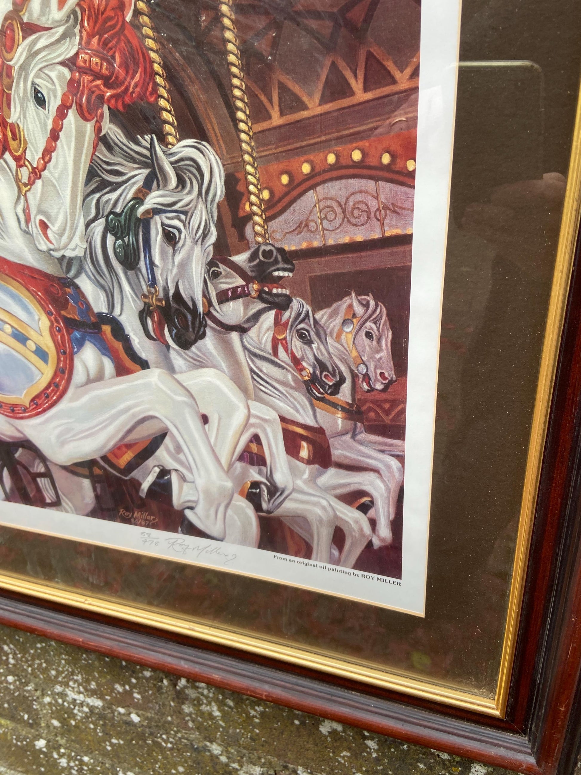 Carousel Horses "Neck and Neck" - Limited Edition vintage print (58/475) of a vintage painting by Roy Miller 1980s. Professionally framed.
