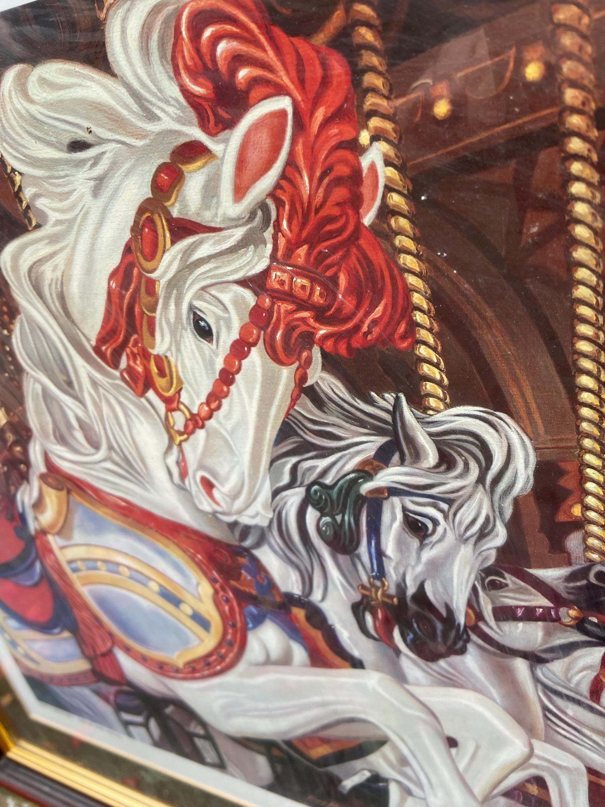 Carousel Horses "Neck and Neck" - Limited Edition vintage print (58/475) of a vintage painting by Roy Miller 1980s. Professionally framed.