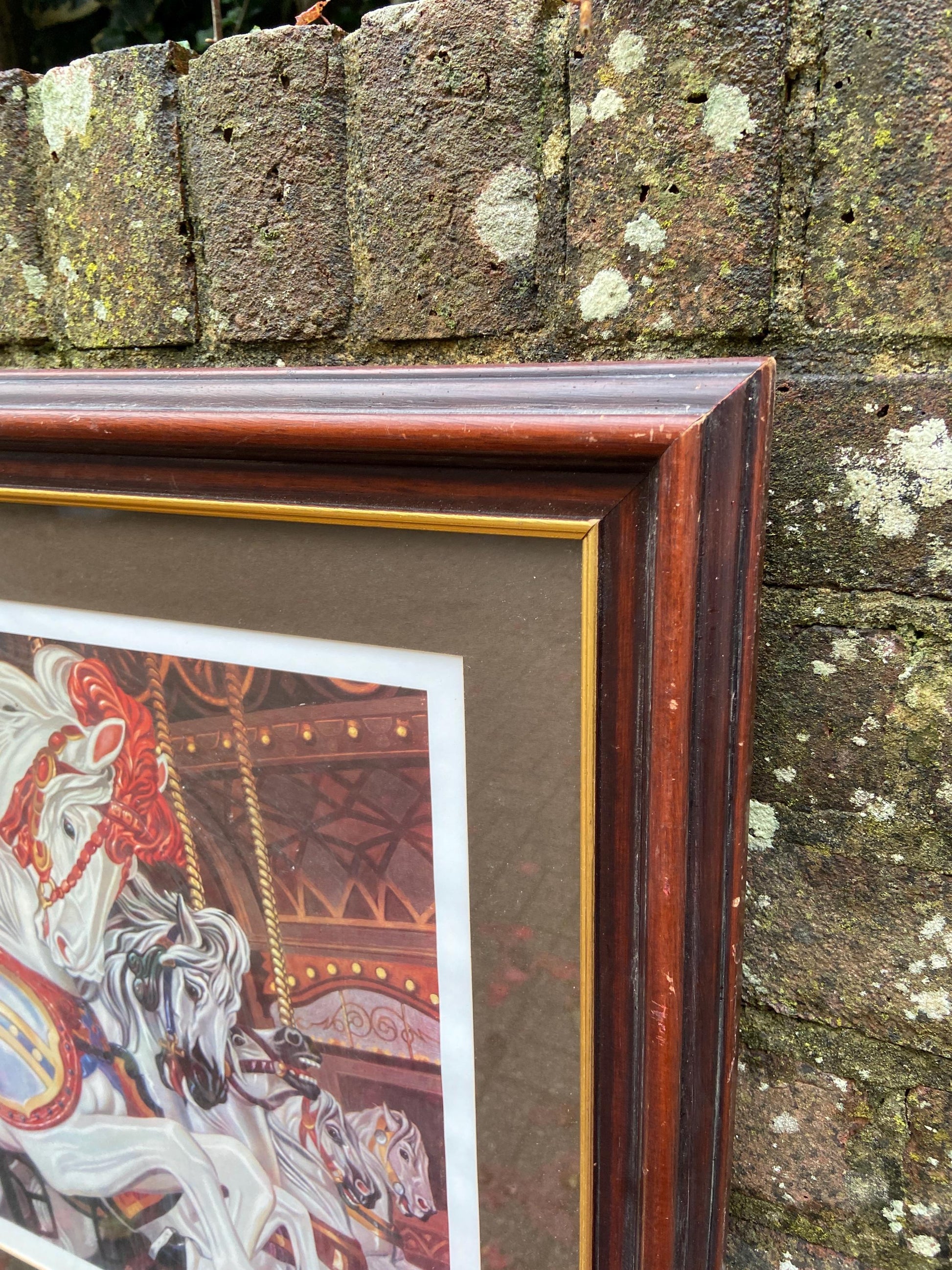 Carousel Horses "Neck and Neck" - Limited Edition vintage print (58/475) of a vintage painting by Roy Miller 1980s. Professionally framed.