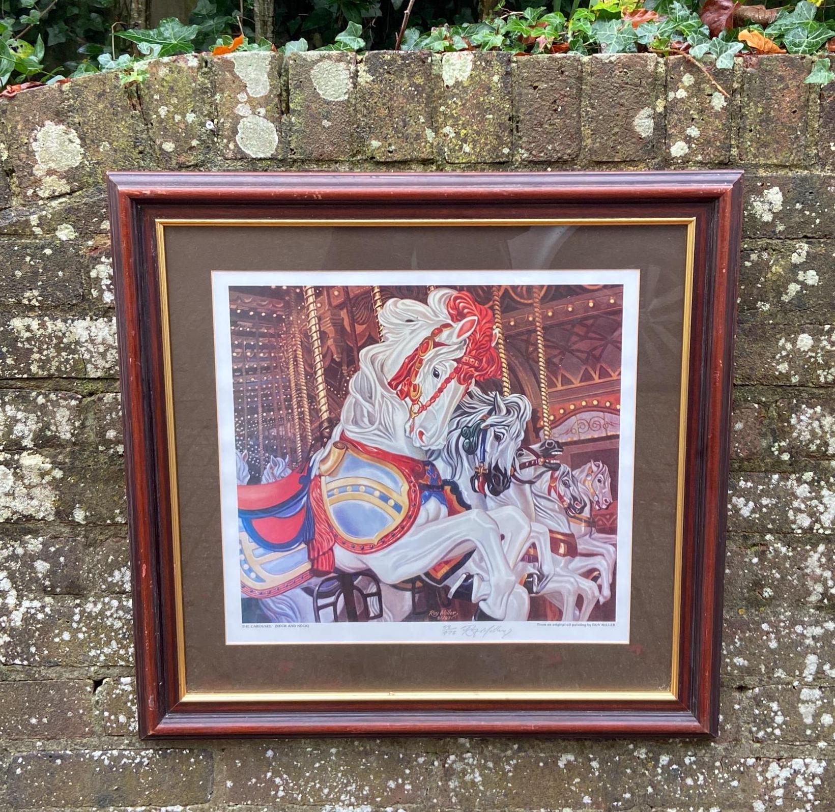 delightful painting by Roy Miller of Carousel horses. Titled Neck and Neck. This is a vintage print. Likely 1980s 1990s.  A signed and limited edition print. Professionally framed.