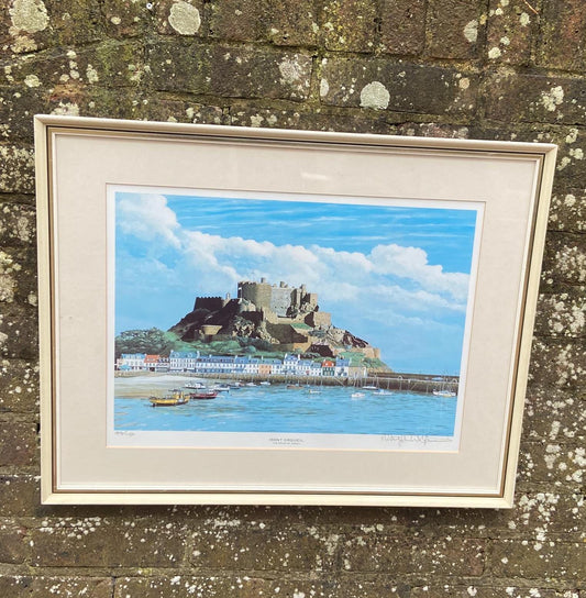Vintage framed limited edition signed print of Mont Orgueil painting by Robert John Wolfenden 1997