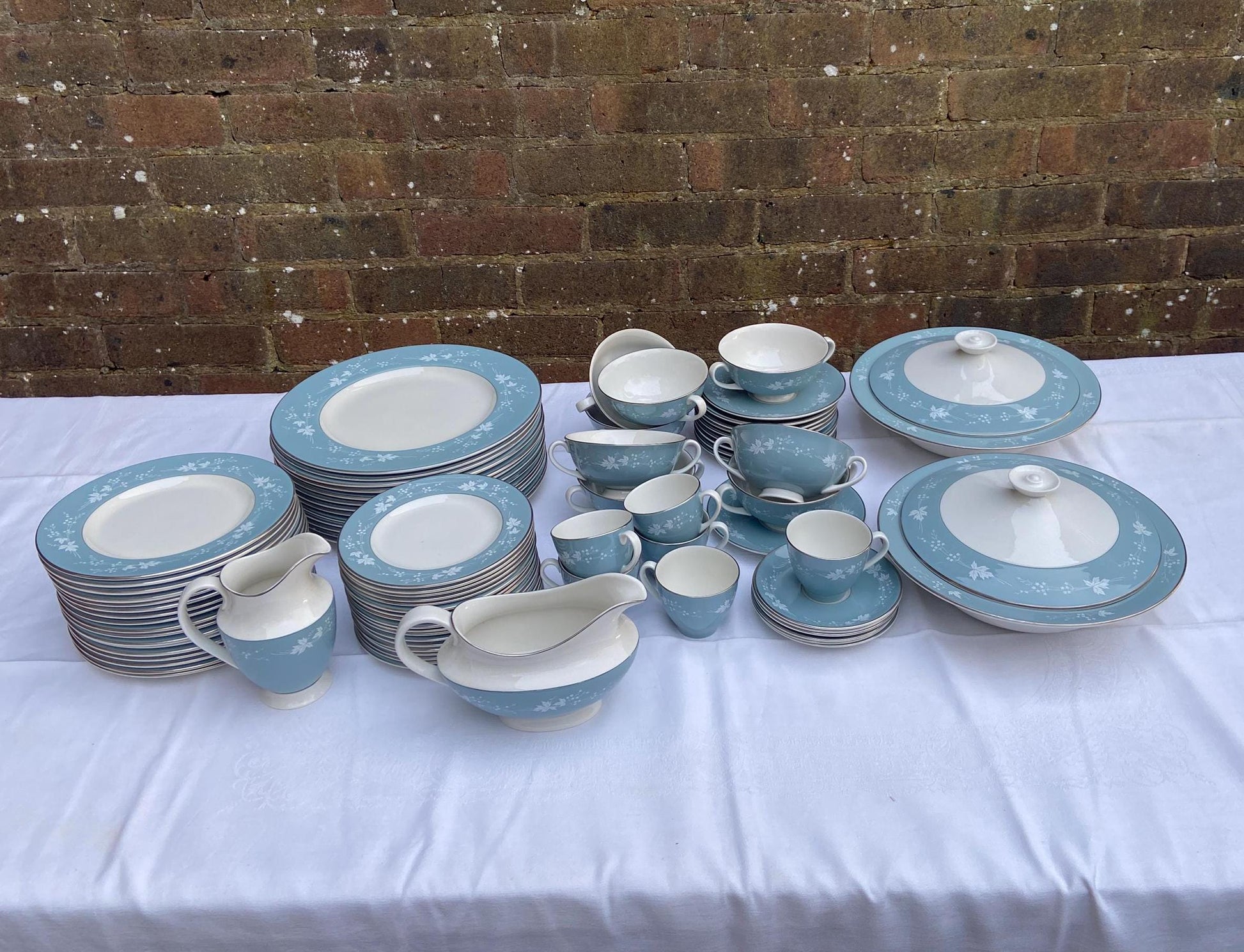 mid century translucent china dinner service by Royal Doulton.  lovely blue grey and white floral pattern. 90+ pieces. VGC.