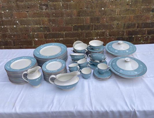 mid century translucent china dinner service by Royal Doulton.  lovely blue grey and white floral pattern. 90+ pieces. VGC.