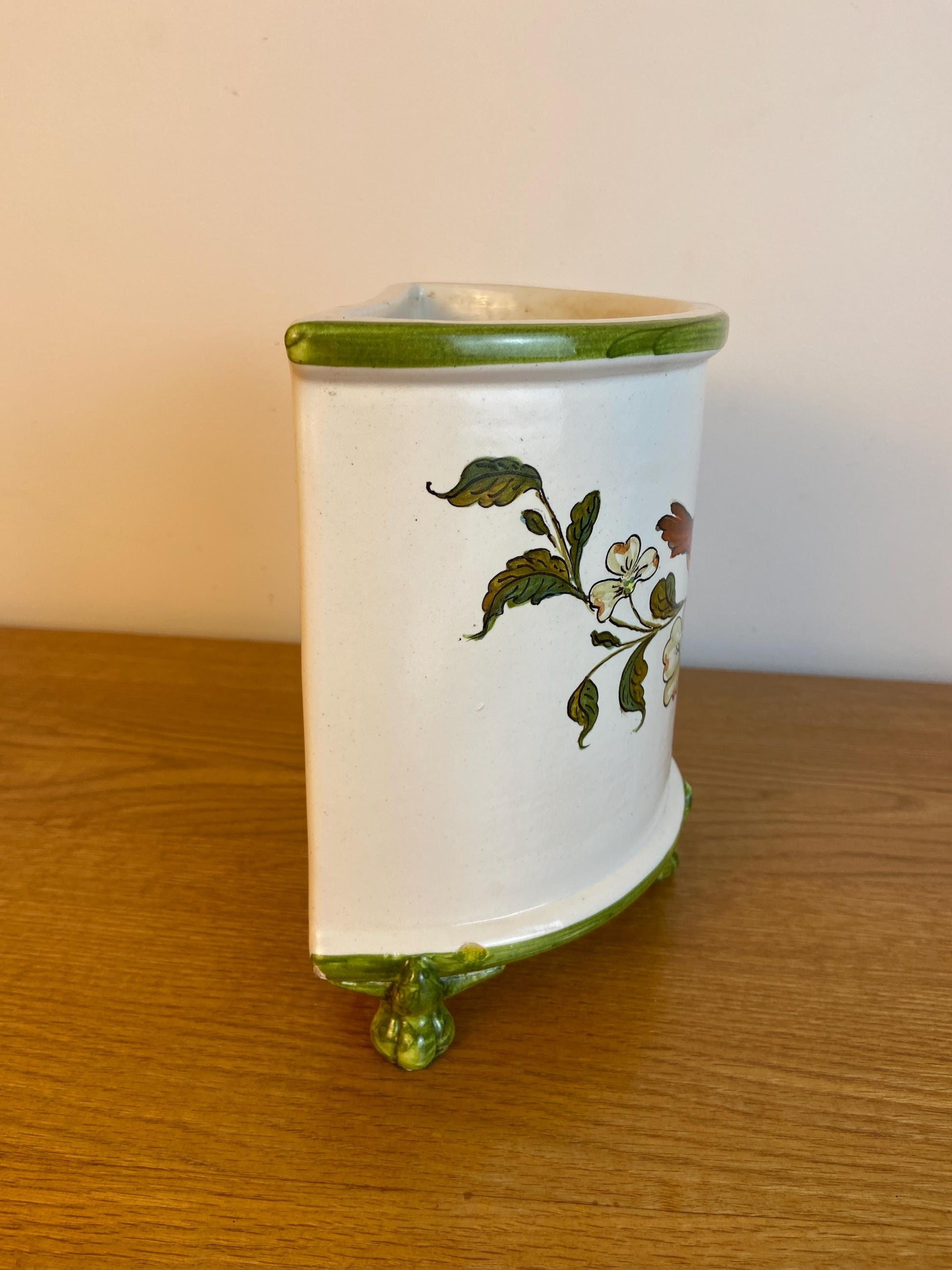 Vintage Bassano Italian handmade and hand painted ceramic Half Planter, Half Plant Pot, with a Red Cardinal bird on it 21cm x 19cm x 14cm