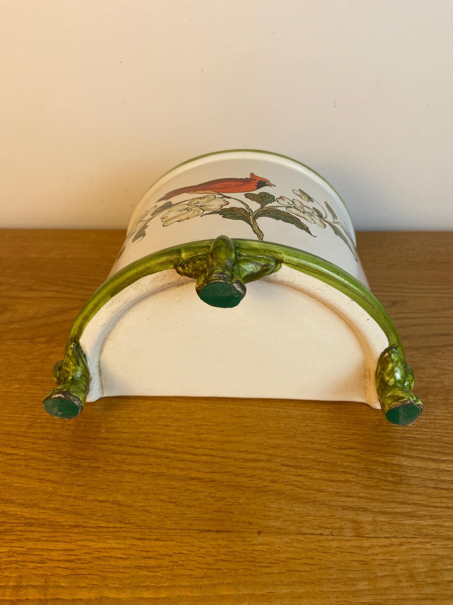 Vintage Bassano Italian handmade and hand painted ceramic Half Planter, Half Plant Pot, with a Red Cardinal bird on it 21cm x 19cm x 14cm