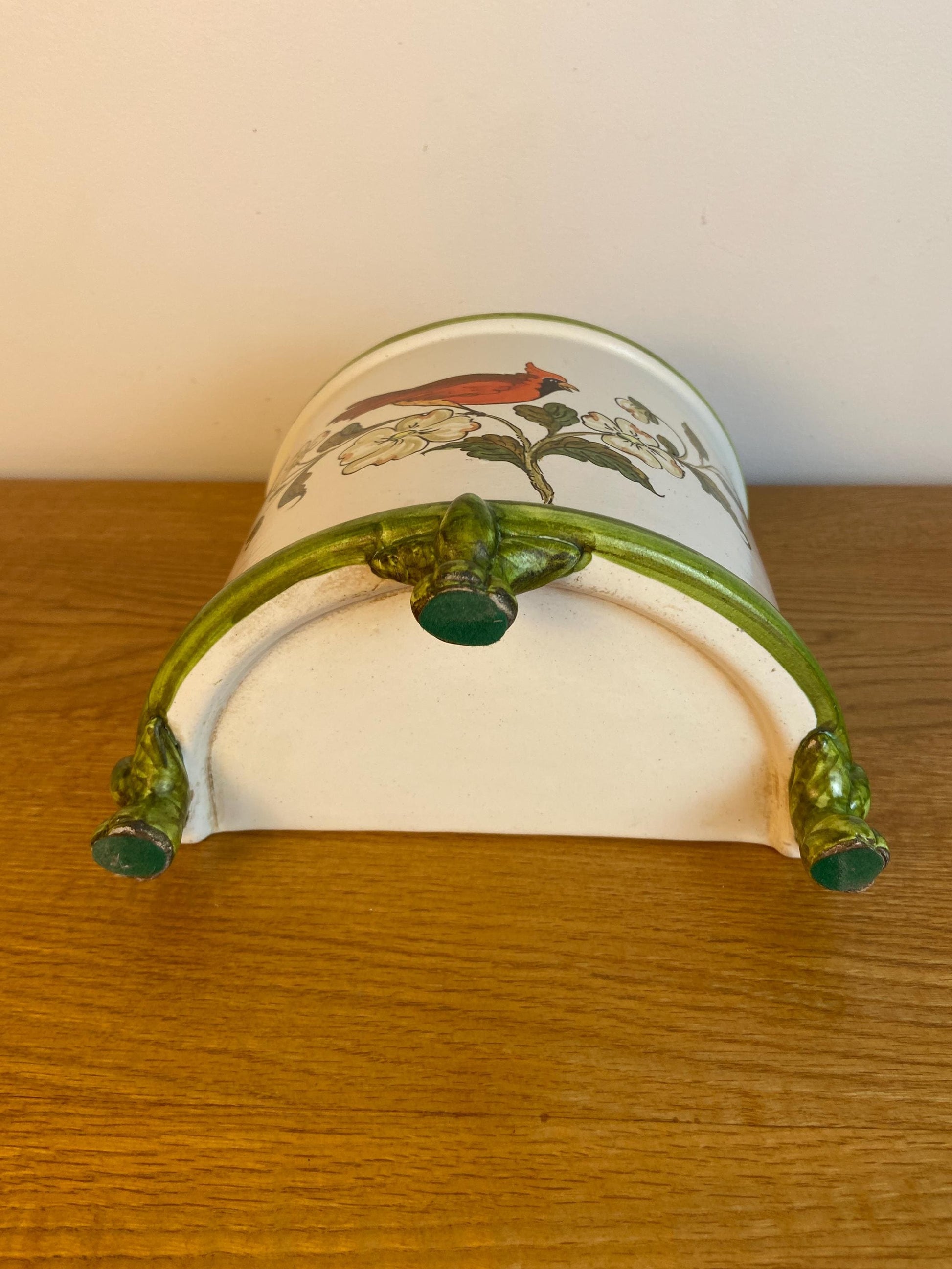 Vintage Bassano Italian handmade and hand painted ceramic Half Planter, Half Plant Pot, with a Red Cardinal bird on it 21cm x 19cm x 14cm