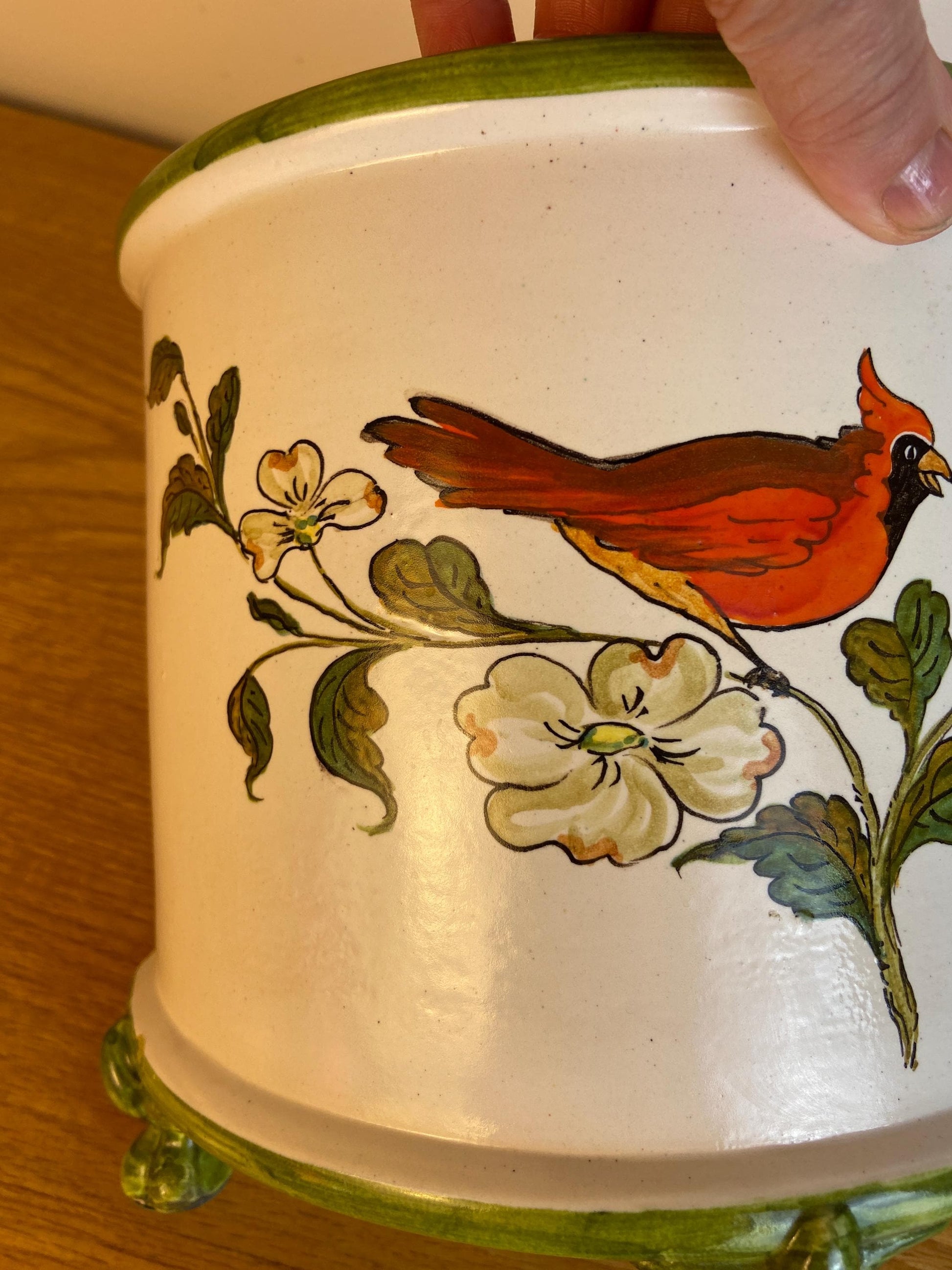 Vintage Bassano Italian handmade and hand painted ceramic Half Planter, Half Plant Pot, with a Red Cardinal bird on it 21cm x 19cm x 14cm